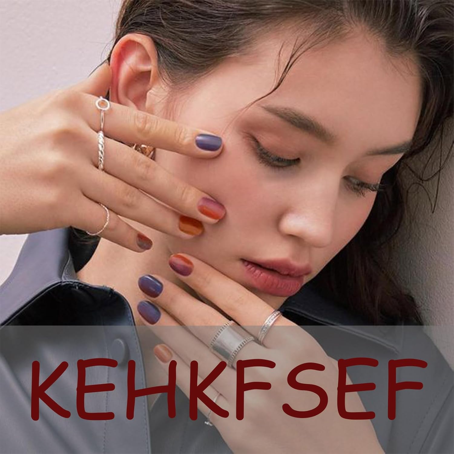 Gradient Blue Press on Nails Medium Square Fake Nude Pink Marble Design Acrylic False Nail Wavy Glue on Full Cover Glossy Nude Stick on for Woman Girls Manicure 24Pcs - Image 7