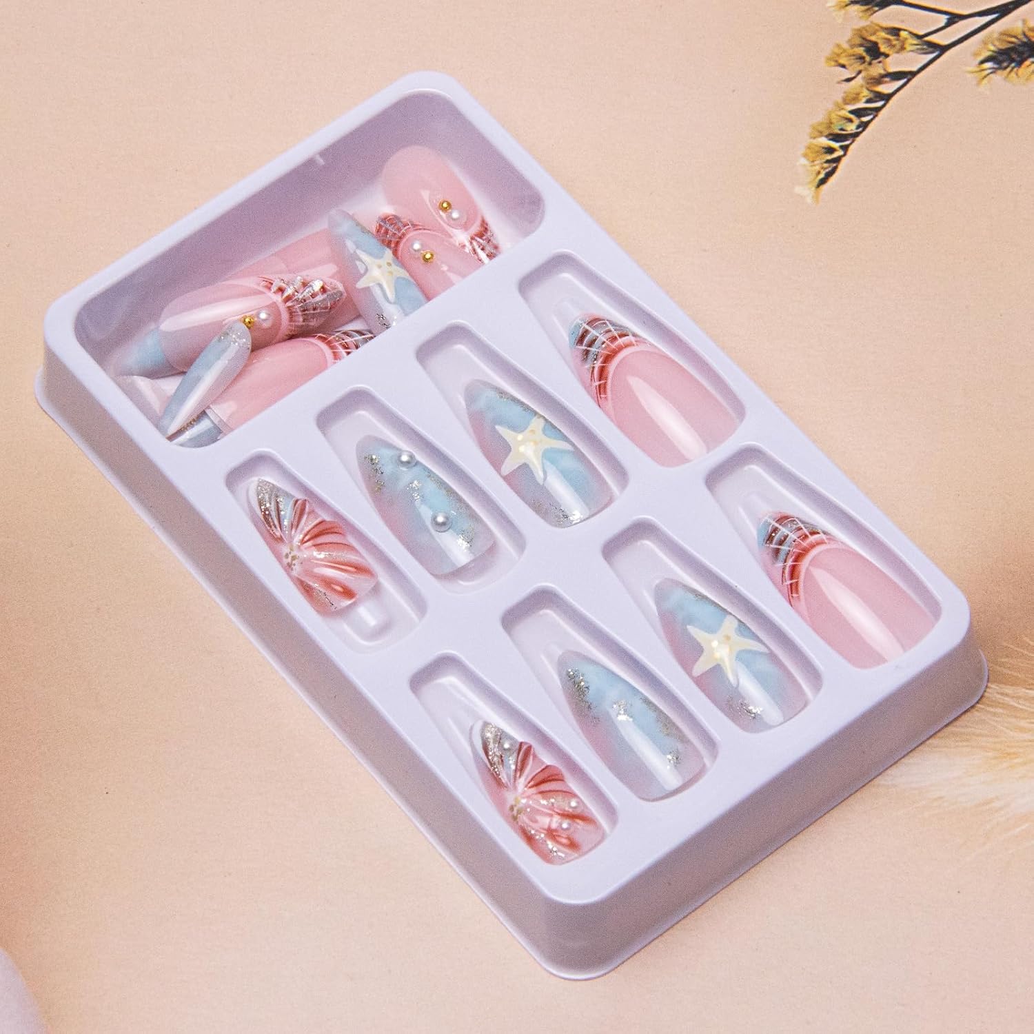 Summer Beach Press on Nails 3D Acrylic Nails Medium Almond Fake Nails Blue Sea Shell French Tips False Nails Press ons Ocean Glue on Nails Starfish Waves Stick on Nails for Women Girls Manicure 24Pcs - Image 2