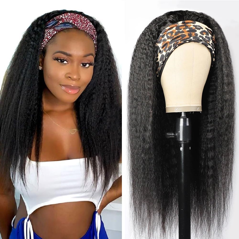 TNICE Kinky Straight Headband Wig Human Hair 18 Inch Headband Wigs for Black Women Glueless None Lace Front Yaki Straight Human Hair Headband Wig Brazilian Virgin Hair Wigs Natural Black 180% Density