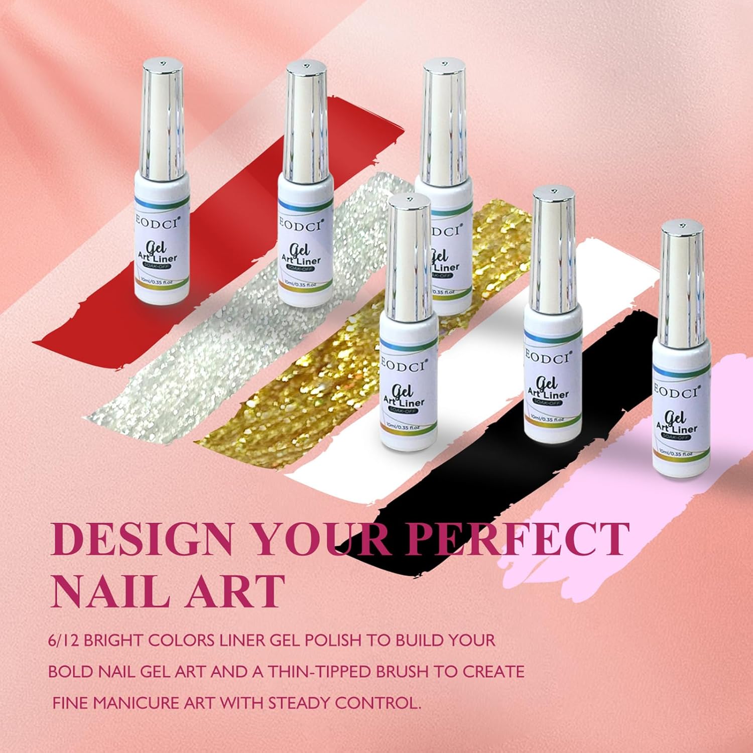 Nail Art Liner Set 6 Pcs Black White Red Gold Silver Glitters Colors Paint Swirl Built Thin Brush in Bottle Soak off Led Lamp Gel Liner Nail Polish Manicure Kits - Image 2