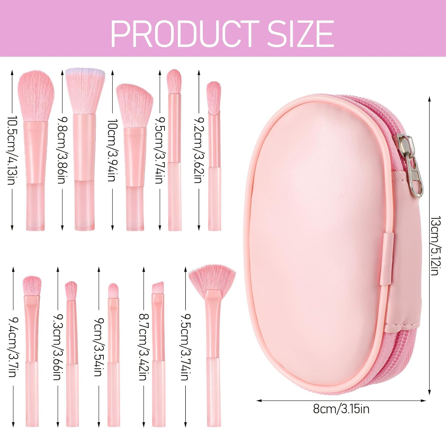 10 Pcs Travel Makeup Brush Set with Case Pink Mini Makeup Brushes Portable Travel Size Make up Brushes Kabuki Powder Foundation Blush Highlight Eye Blending Shadows Concealer Lips Brush for Travel - Image 2