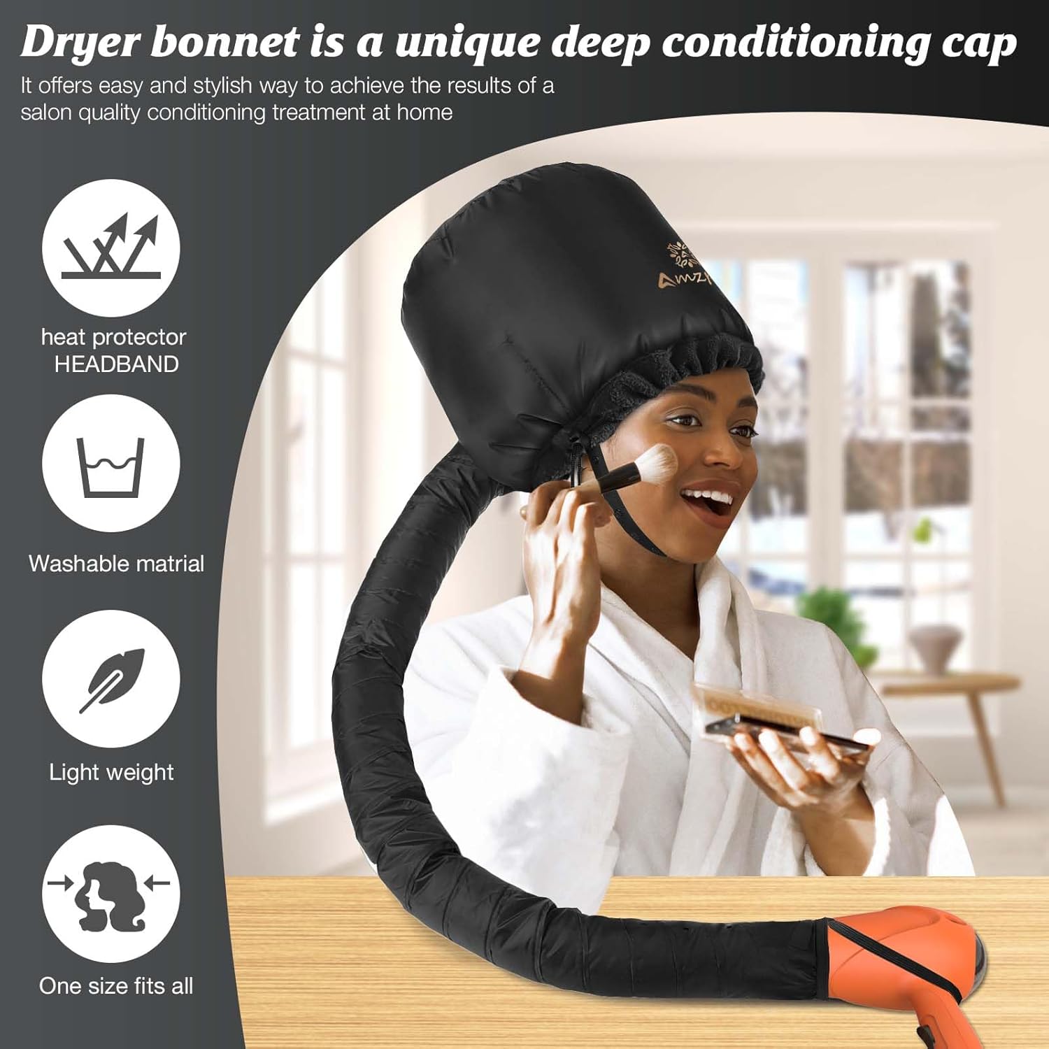 Bonnet Hood Hair Dryer Attachment - Headband Integrated Bonnet Hair Dryer for Speeds Up Drying Time at Home, Easy to Use for Styling, Curling and Deep Conditioning (Black,Adjustable) - Image 3