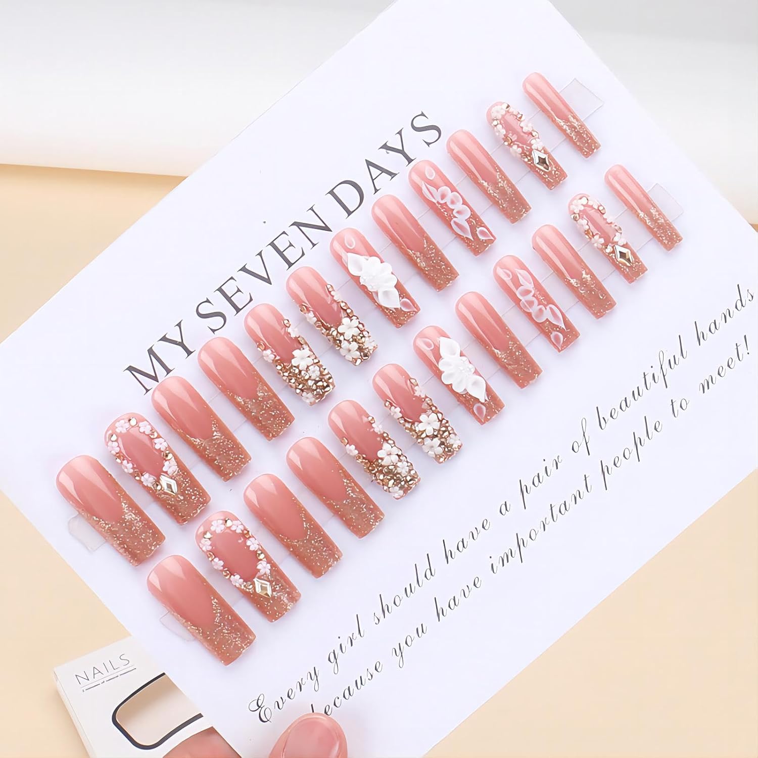 Long Press Pink Coffin Fake Nails with French Tip, 5D White Flower Designs, Gold Rhinestones, Glossy Glue on Nails for Women - Image 2