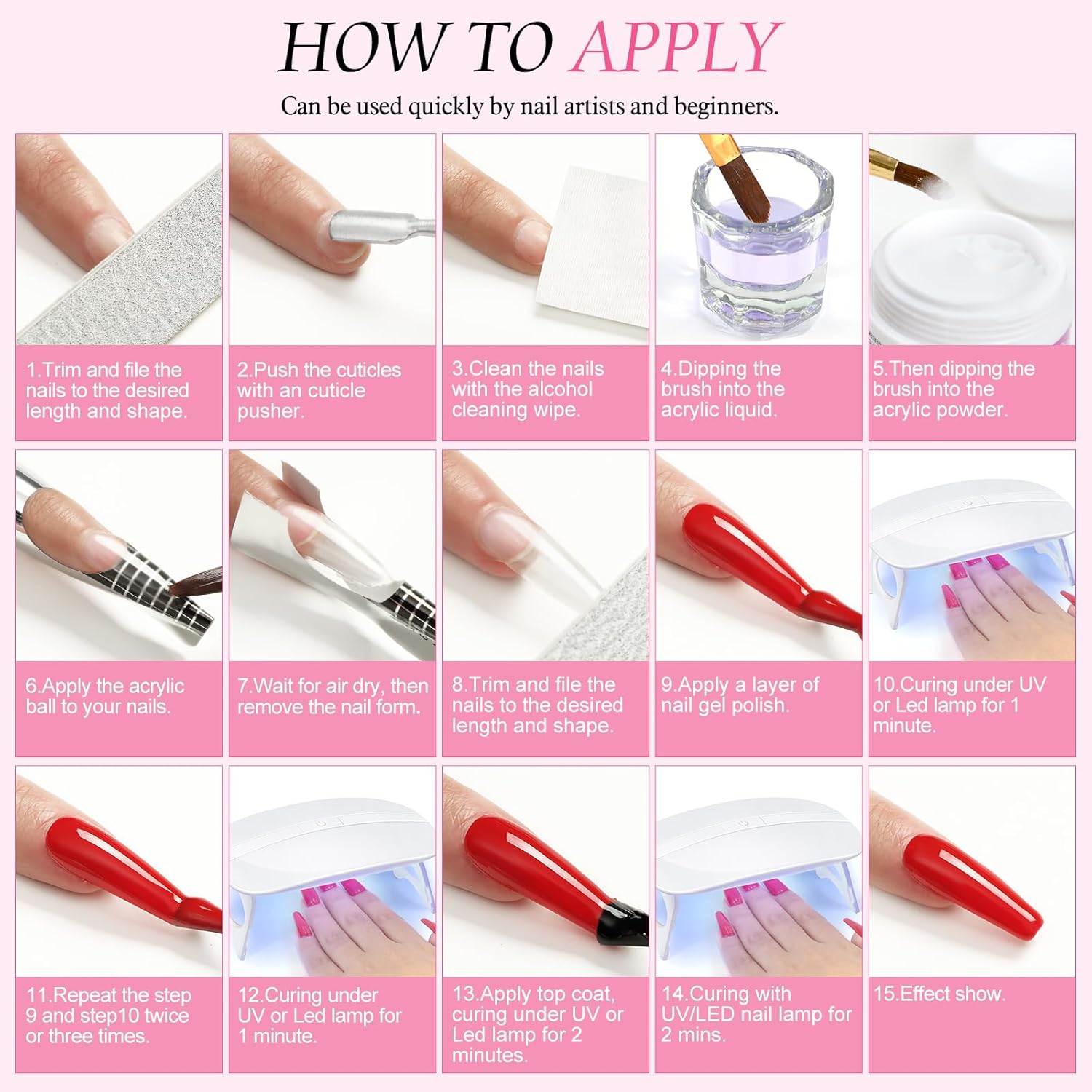 Acrylic Nail Kit for Beginners with Drill and U V Light 6 Colors Acrylic Powder Clear Nude Pink 4PC Gel Polish 24PC Glitter Powders Rhinstones Nails Kit Acrylic Set for Women - Image 8