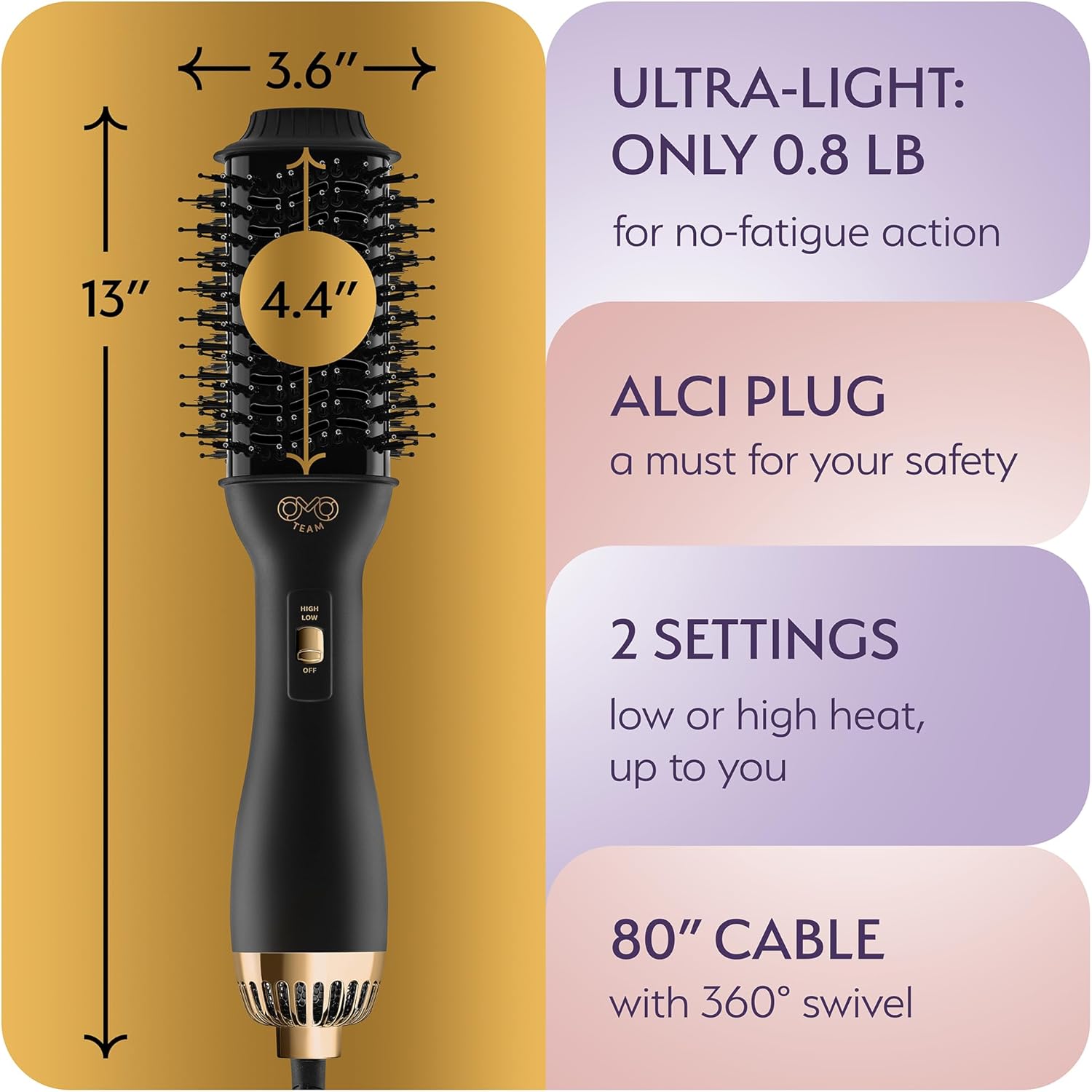 Professional Dual Voltage Blowout Hair Dryer Brush for European Travel 110V-120V/220V-240V, Black Gold Dryer and Volumizer, Hot Air Brush for Women, 2.4 INCHES Oval Shape - Image 5