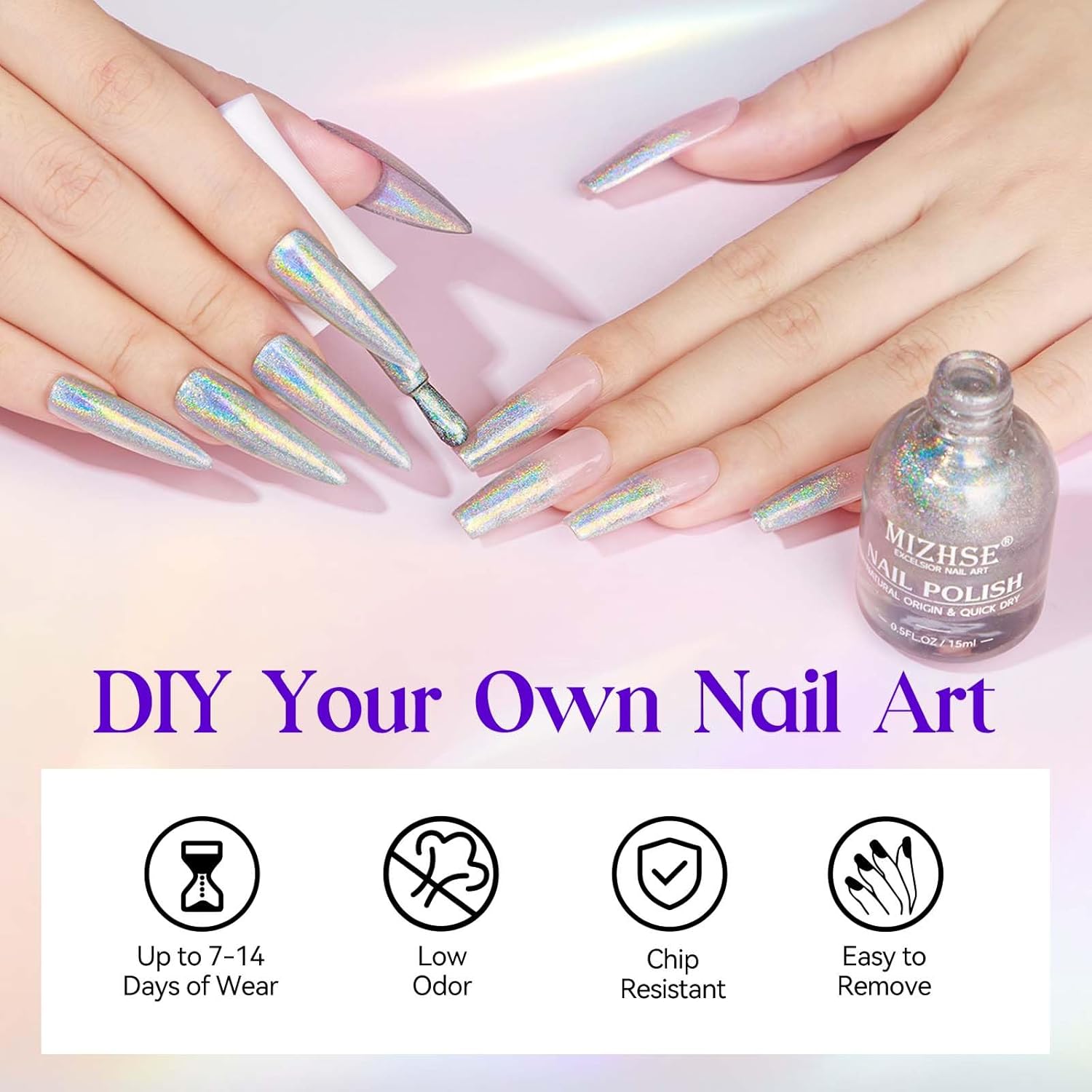 MIZHSE Holographic Nail Polish, Silver Glitter Nail Polish Air Dry Fast, 15 ml 0.5 fl oz High Glossy Shiny Nail Pigment Oil-based Laser Iridescent Nail Lacquer Chrome Halo Nail Art Salon Manicure Home - Image 6