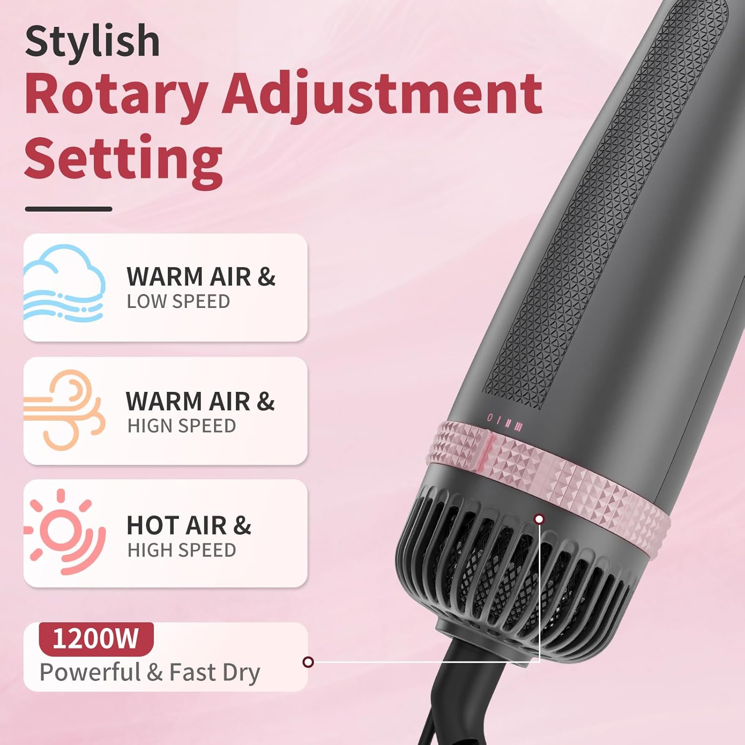 Rotating Hair Dryer Brush, 4-in-1 Rotating Blow Dryer Brush & Hot Air Spin Dryer Brush, 2 Detachable Brushes (1.5" & 2"), 3 Temperature & Speed Settings, 1200W - Image 6