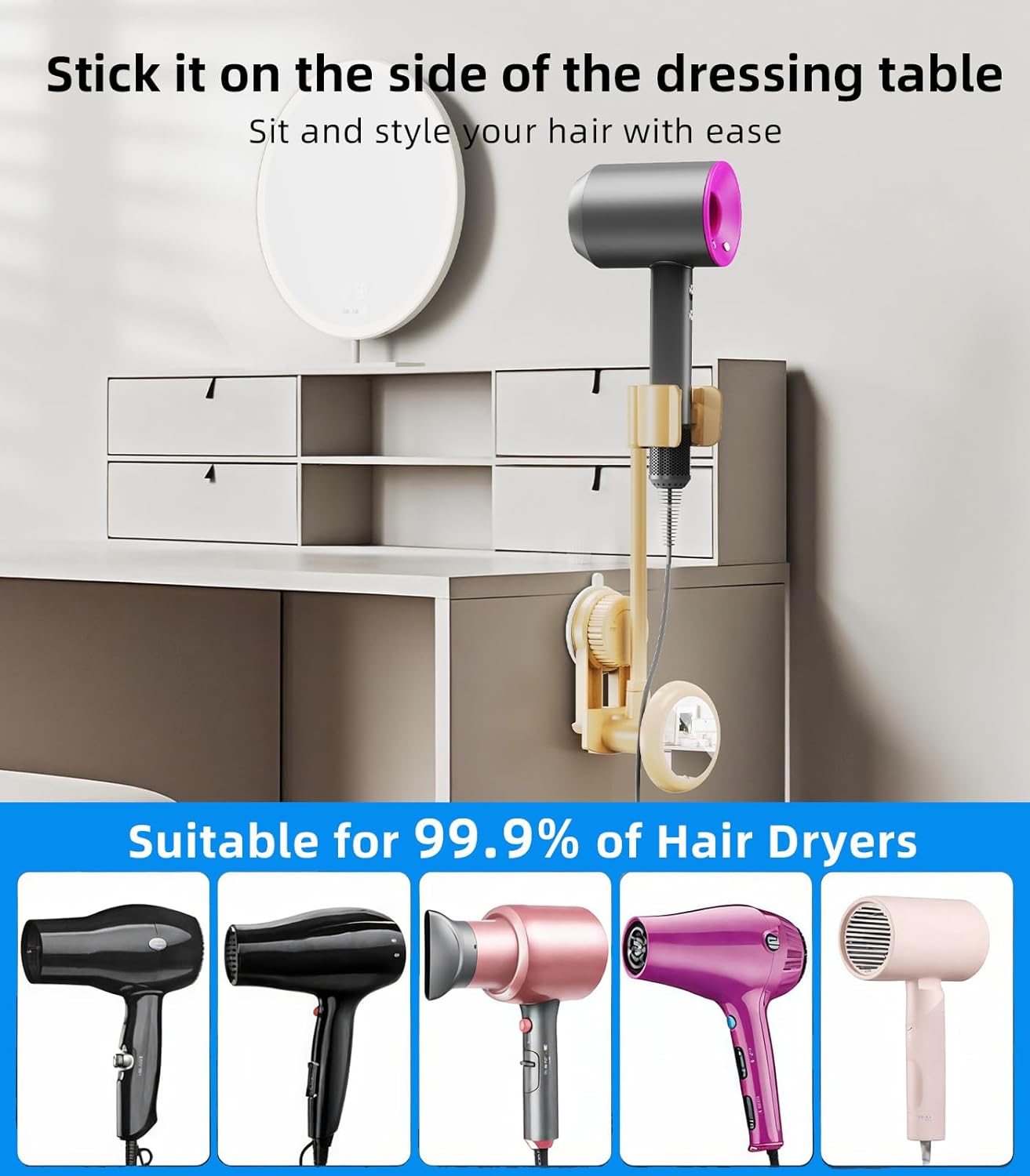 Hands-Free Hair Dryer Holder Wall Mounted with 360° Adjustable Hose, Suction Cup Installation, Built-in Mirror, and Cord Organizer for Blow Dryer, Curling Iron, No Drilling Required - Image 3
