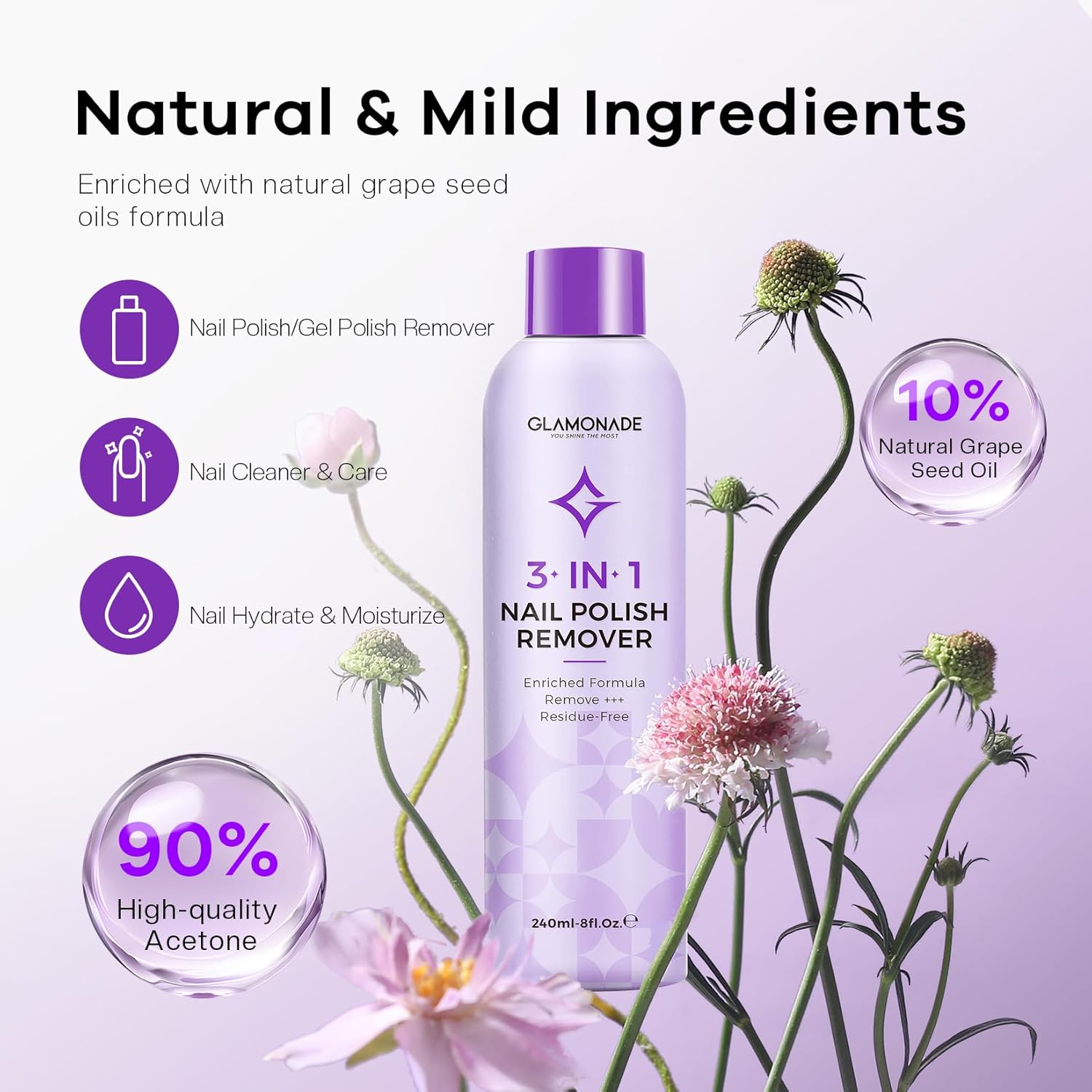 Acetone Nail Polish Remover: Professional Soak off Gel Nail Polish Remover Enriched with Natural Grape Seed Oil 8 Fl Oz for Gel Acrylic Nail Glue Dip Powder for Home Salon - Image 2