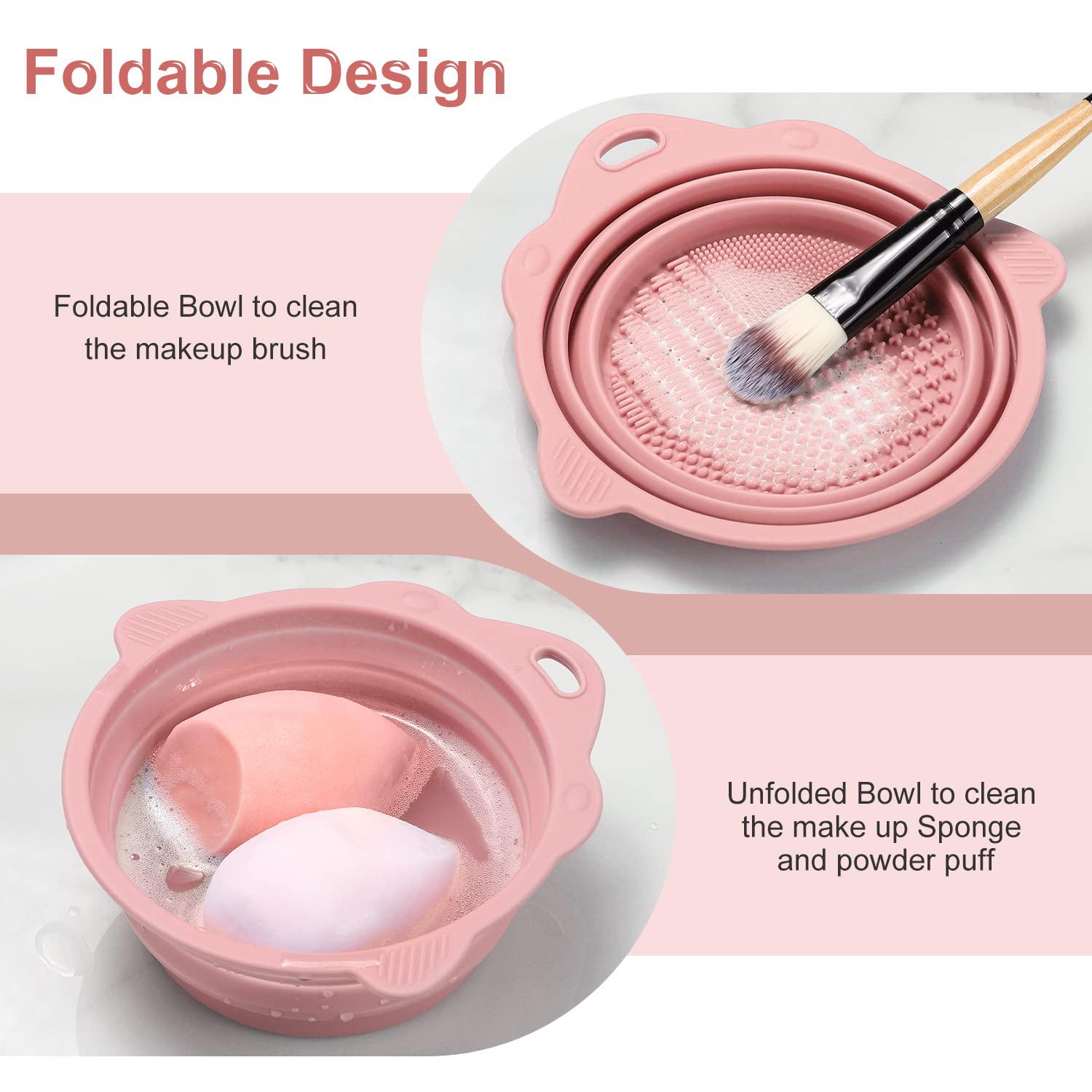 Foldable Silicone Makeup Brush Cleaner Bowl - Etercycle Portable Cleaning Tool for Brushes, Powder Puffs, and Sponges (Pink) - Image 2