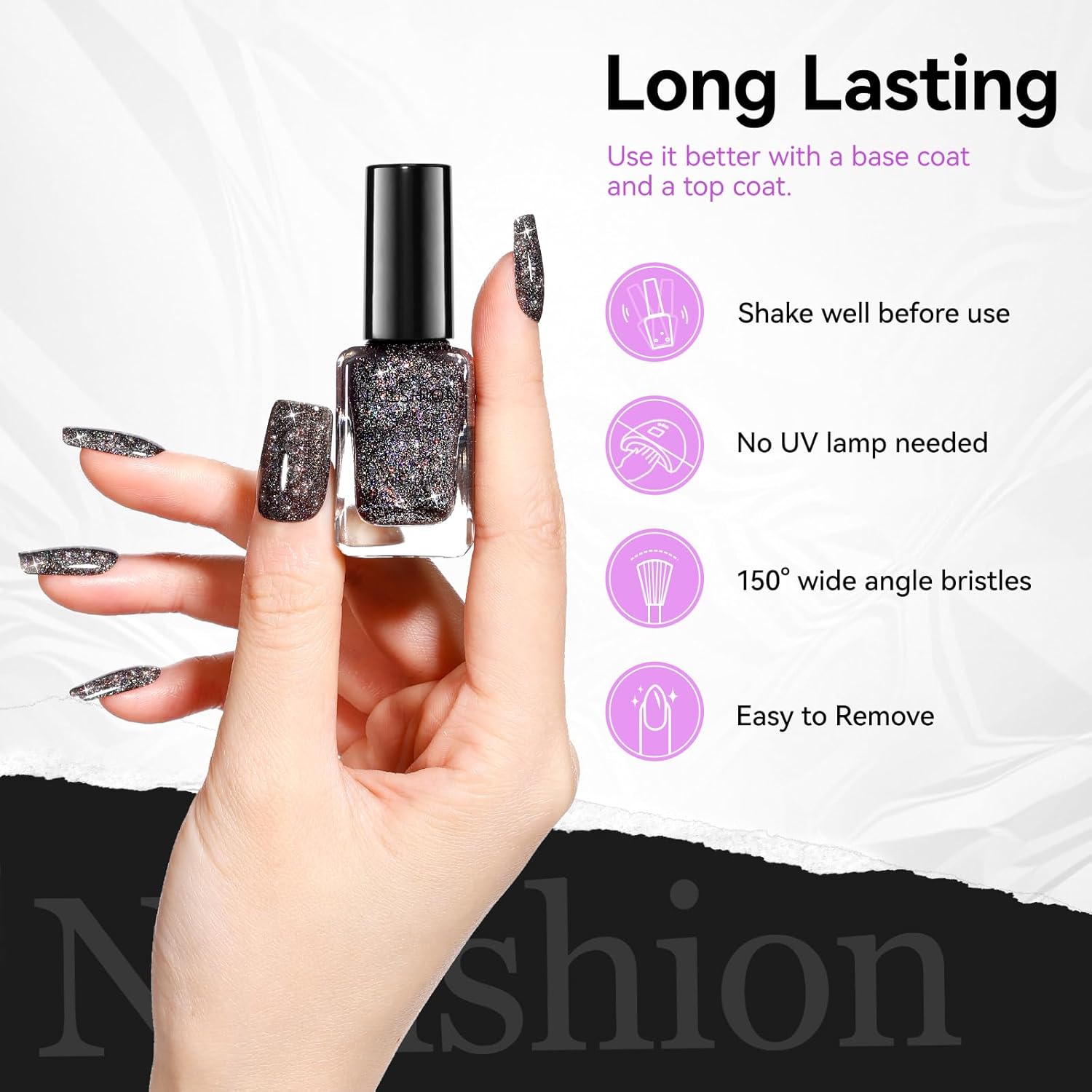Black Glitter Nail Polish Fast Air Drying Regular Nail Polish Sparkly Shimmer Black Nail Lacquer High Shine Toe Fingernail Polish Nails Art Salon Manicure at Home Gift for Women Girls - Image 6
