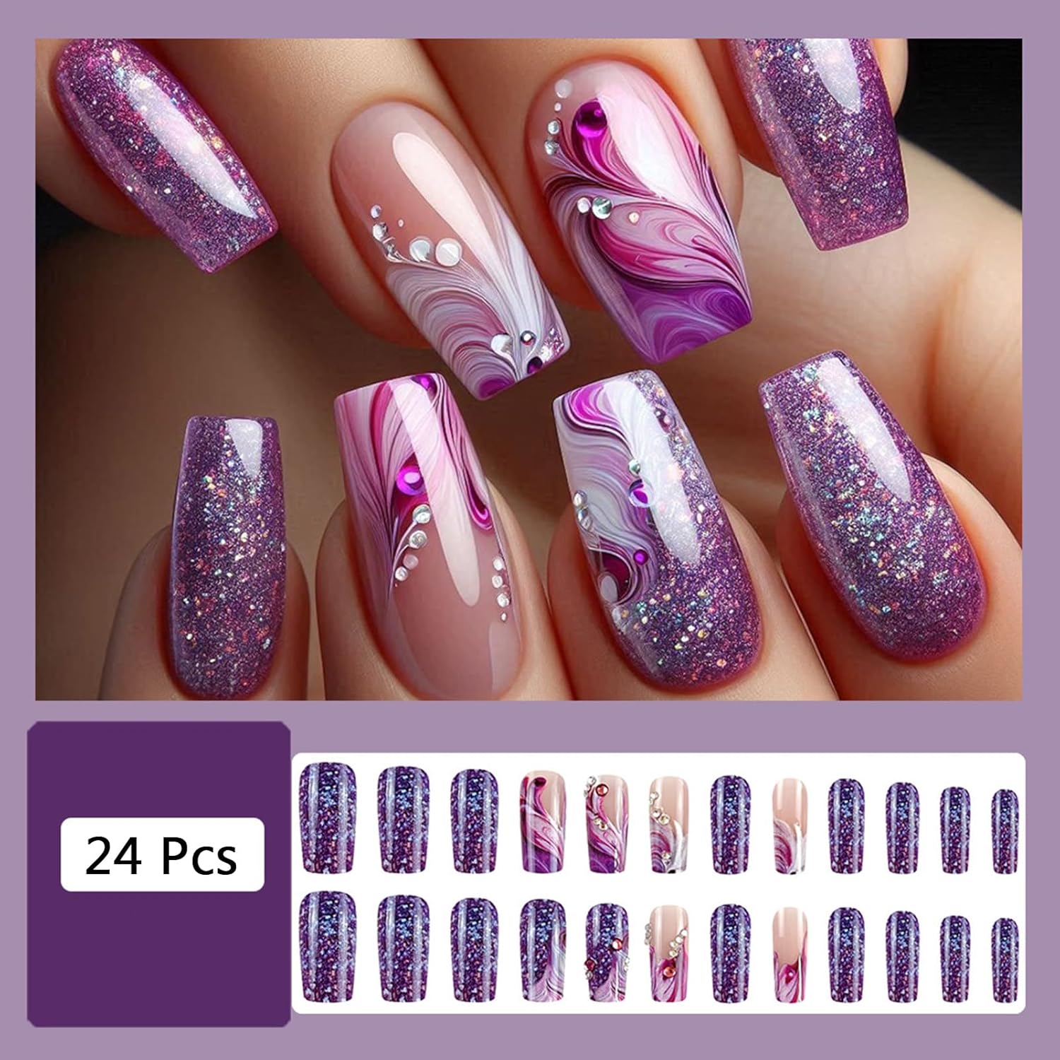 24Pcs Purple Press on Nails Medium Square Fake Nails with Rhinestone Designs Spring False Nails Purple Glitter Acrylic Nails Glossy Glue on Nails Full Cover Stick on Nails for Coquette Women - Image 7