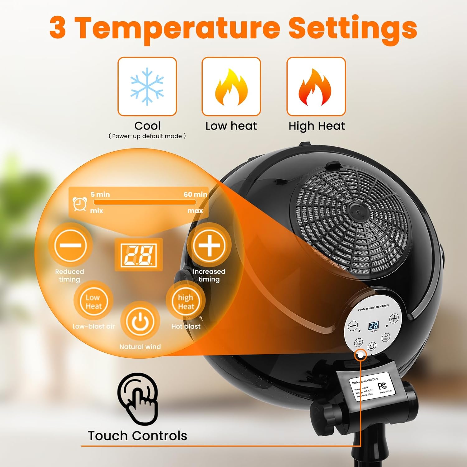 Hooded Hair Dryer, Stand Hair Dryer, Professional Hooded Dryer on Wheels with Digital Display, Touch Controls and 3 Temperature Settings for Salon and Home Use - Black - Image 2