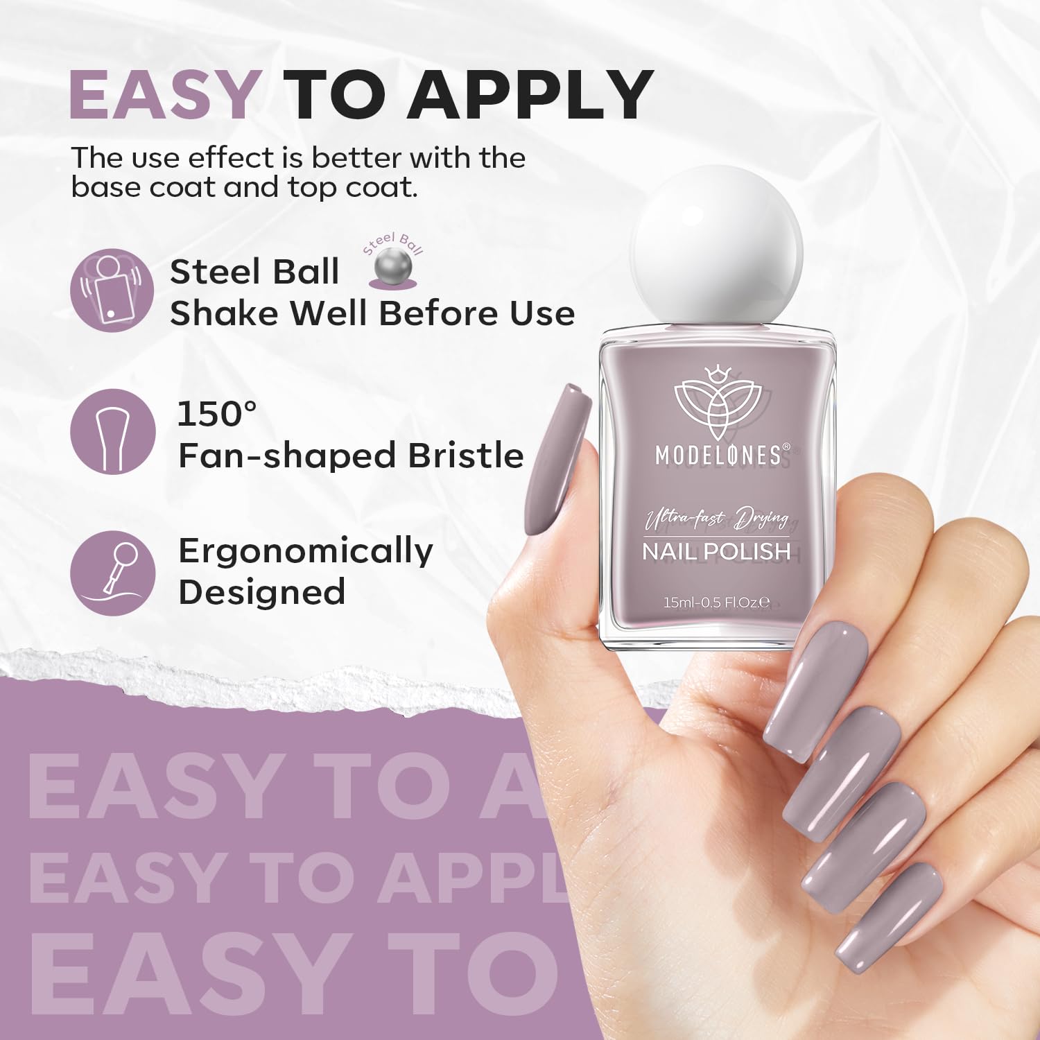 modelones Gray Nail Polish, Light Grey 15 ml Quick Dry Nail Lacquer Strengthener Long Last Shine Fingernail Toe Nail Art DIY Home Travel Manicure Gift for Women Girls 0.5 Fl Oz - Image 5