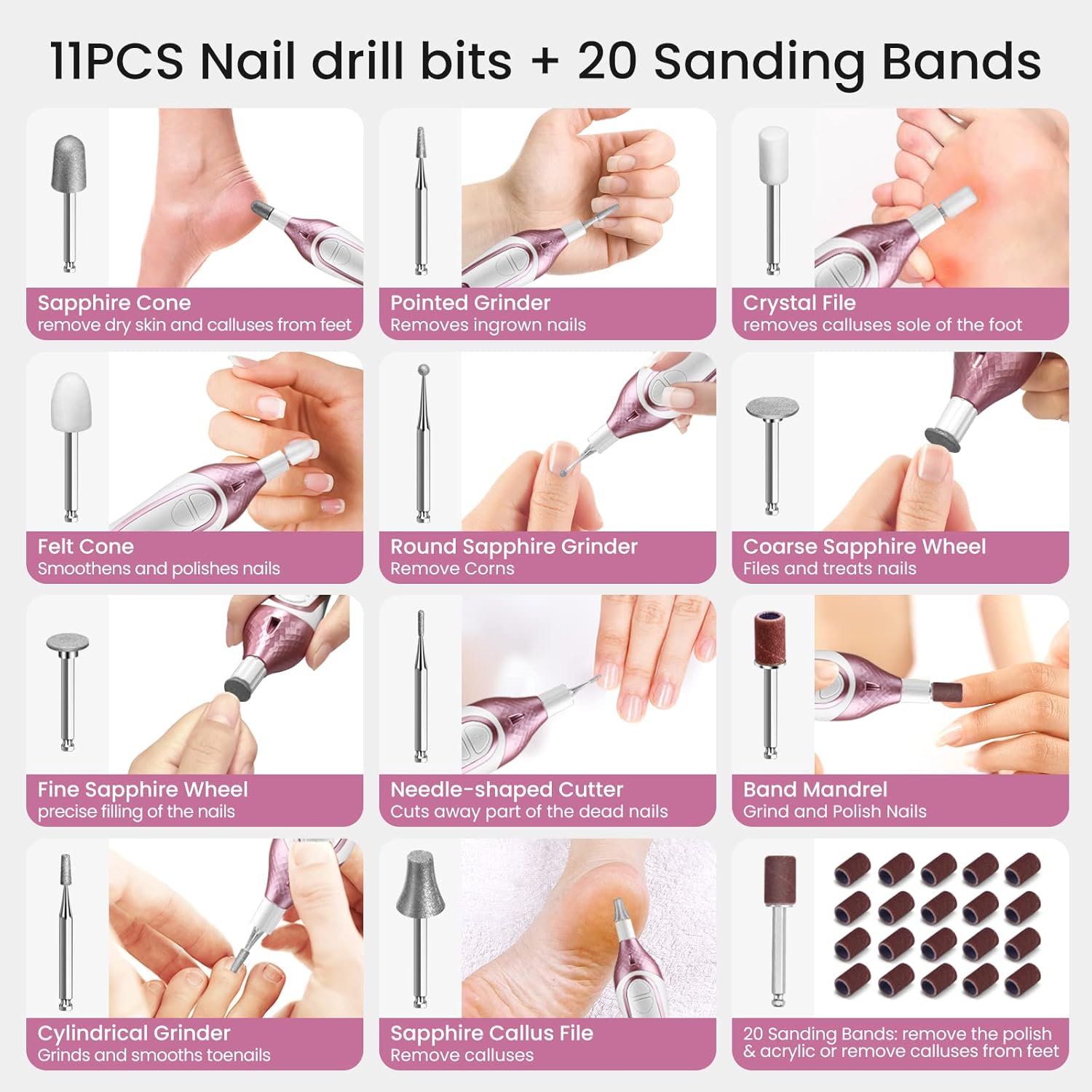 36-Piece Professional Manicure Pedicure Kit-Cordless Electric Nail File Kit,20000RPM, 11Pcs Bits,4 Speed,Rechargeable Pedicure Tool for Feet,Hand Foot Care Nail Drill Tool for Nail Grind Trim Polish - Image 6