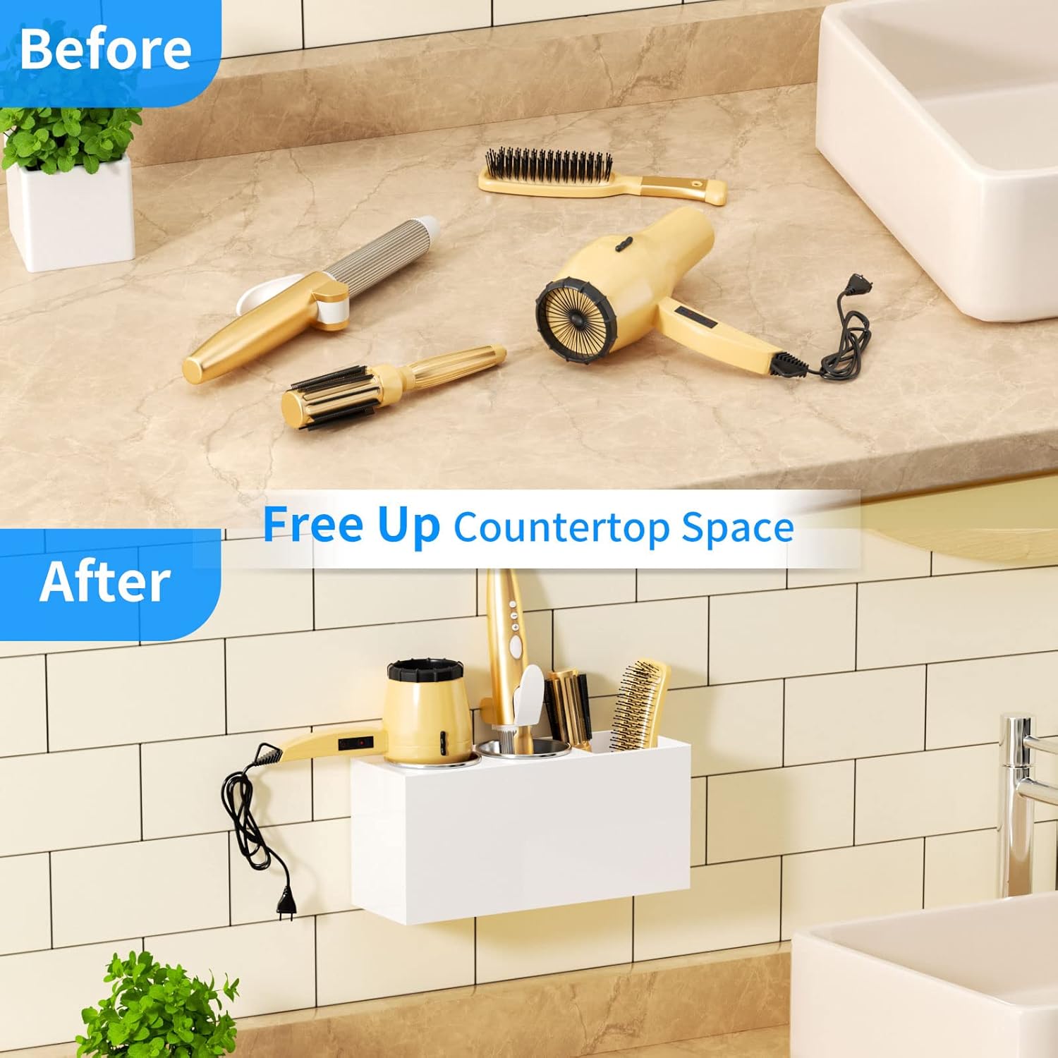 NIUBEE Wall Mount Hair Styling Tool Organizer - Bathroom Cabinet Holder for Blow Dryers, Flat Irons, Curling Irons - White - Image 7