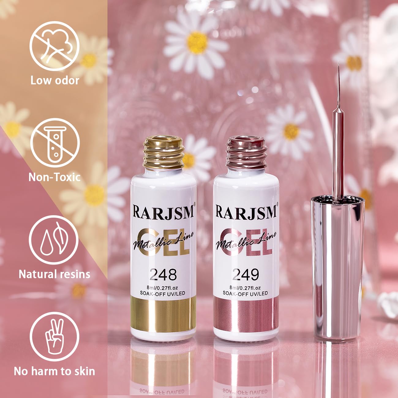 RARJSM Metallic Chrome Gel Liner Nail Art 3D Mirror Bronze Gold Rose Gold Effect Gel Nail Polish 8ml Painting Build in Thin Brush Metal Painted Drawing Striper GelPolish Curing Requires Home Salon - Image 2