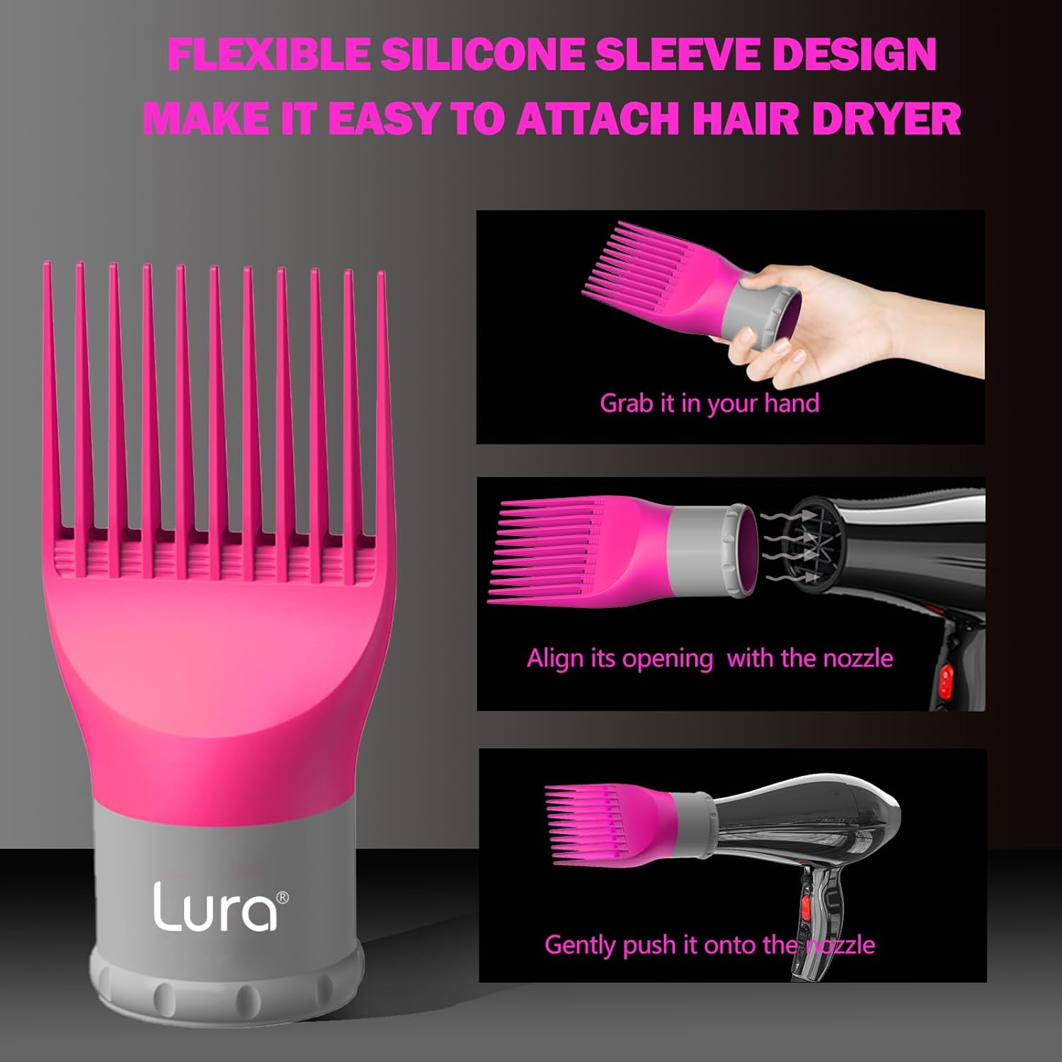 LURA Blow Dryer Comb Attachment,Blow Dryer Attachment For Hair Dryer Nozzles From 1.7 To 2.1,Hair Dryer Comb Attachment For Black Hair,Hair Straightening Pic Attachment(Pink) - Image 3
