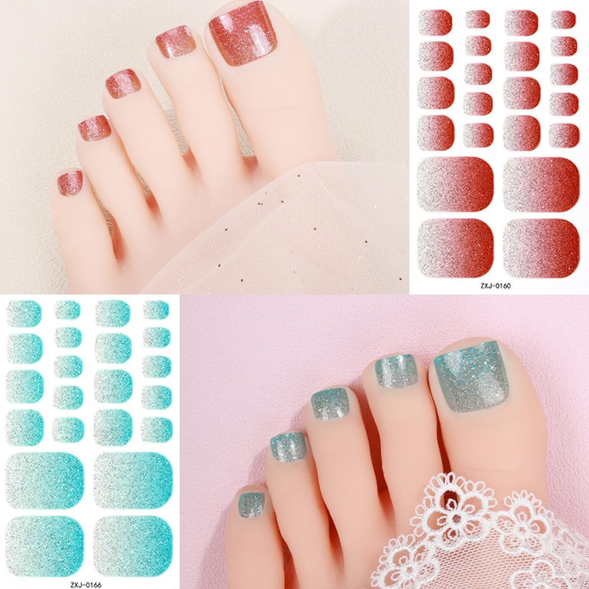 Glitter Toe Gel Nail Stickers - 6 Sheets Full Wraps Polish Strips Supply Self Adhesive Design Decals for Women Girls DIY Manicure Toenail Wraps - Image 3