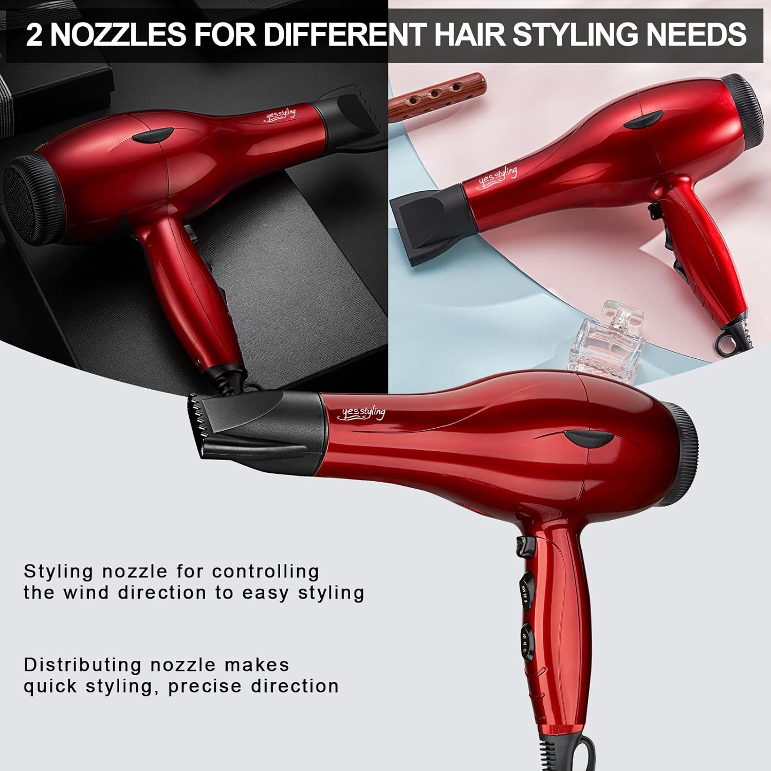Professional Salon Hair Dryer, 1875W Blow Dryer, 2 Concentrator Nozzles, 3 Heat Settings, 2 Speed Slide Switch, Cool Shot Button, Fast Drying for Family, Low Noise (Cola Red) - Image 6