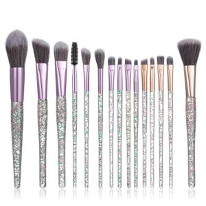 15Pcs Grey Makeup Brushes Set, Glitter Crystal Cute Makeup Brush Eye Shadow Brushes Kit Professional Face Foundation Concealer Liquid Make up Beauty Eyeliner Lip Cosmetic Brush Set for Women