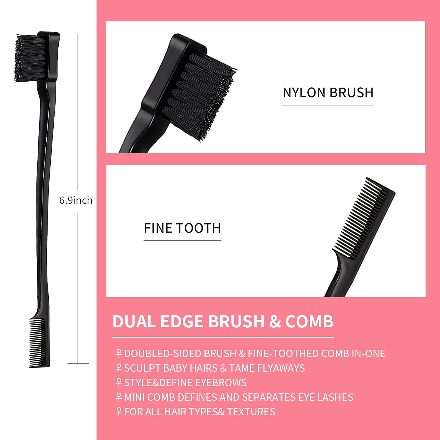 3 Pieces Hair Styling Comb Set Teasing Brush Rat Tail Comb Edge Brush for Edge&Back Brushing, Combing, Slicking Hair for Women (Black) - Image 2