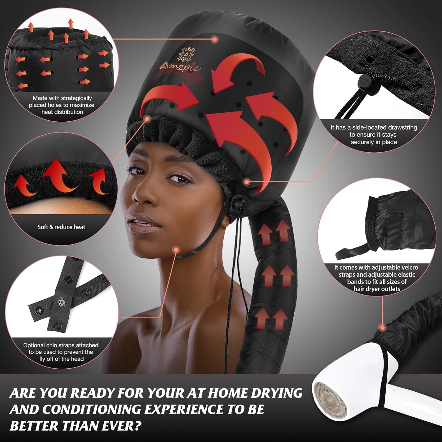 Bonnet Hood Hair Dryer Attachment - Headband Integrated Bonnet Hair Dryer for Speeds Up Drying Time at Home, Easy to Use for Styling, Curling and Deep Conditioning (Black,Adjustable) - Image 2