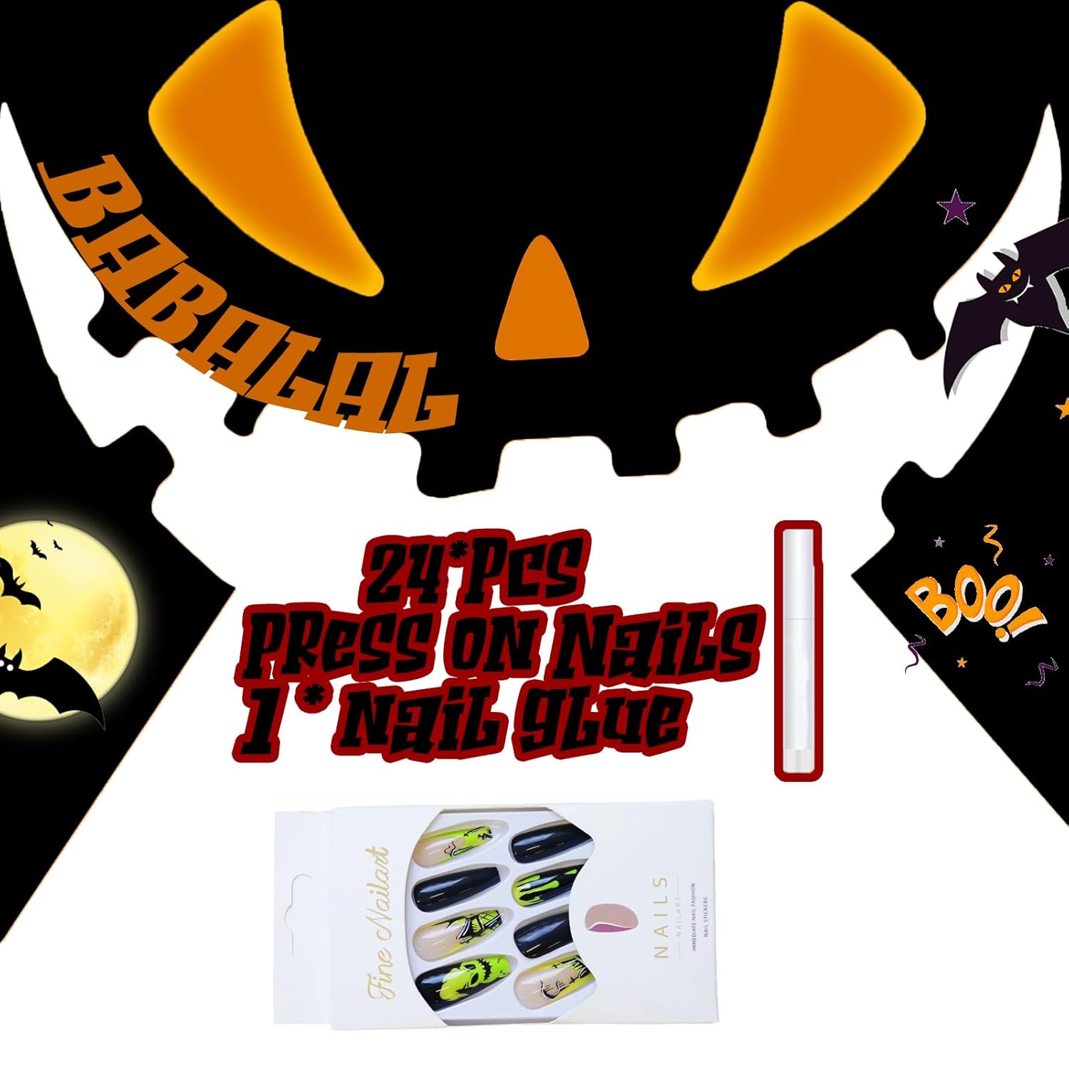 BABALAL Halloween Press on Nails Long Coffin Fake Nail Black Nails Glue ons Green French Tip Ghost Design Acrylic Nails Ballerina False Nails 24Pcs Manicure Full Cover Artificial Nails - Image 4