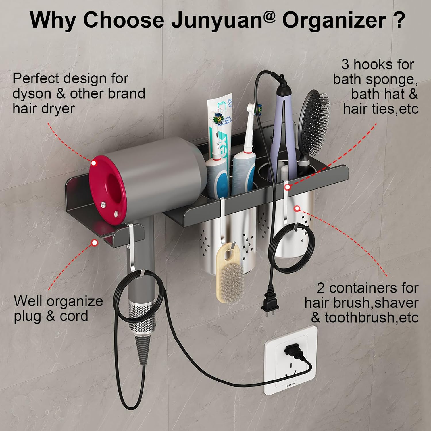 Hair Tool Organizer Wall Mount,Self Adhesive Hair Dryer Holder for Bedroom & Bathroom,Blow Dryer Holder for Dyson Hair Dryer,Stainless Steel Cups for Medium or Small Bathroom Storage 4" Width - Image 2