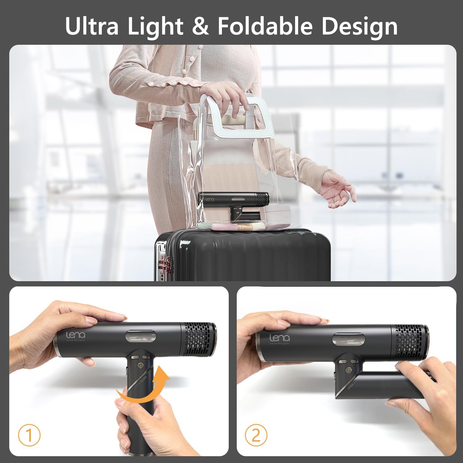 LENA Travel Hair Dryer Powerful Blow Dryer | Ionic Foldable Hairdryer | Lightweight & Fast Drying with High-Speed Brushless Motor, Ion Tech., LED Display, Magnetic Nozzles | Protects Hair as You Dry - Image 7