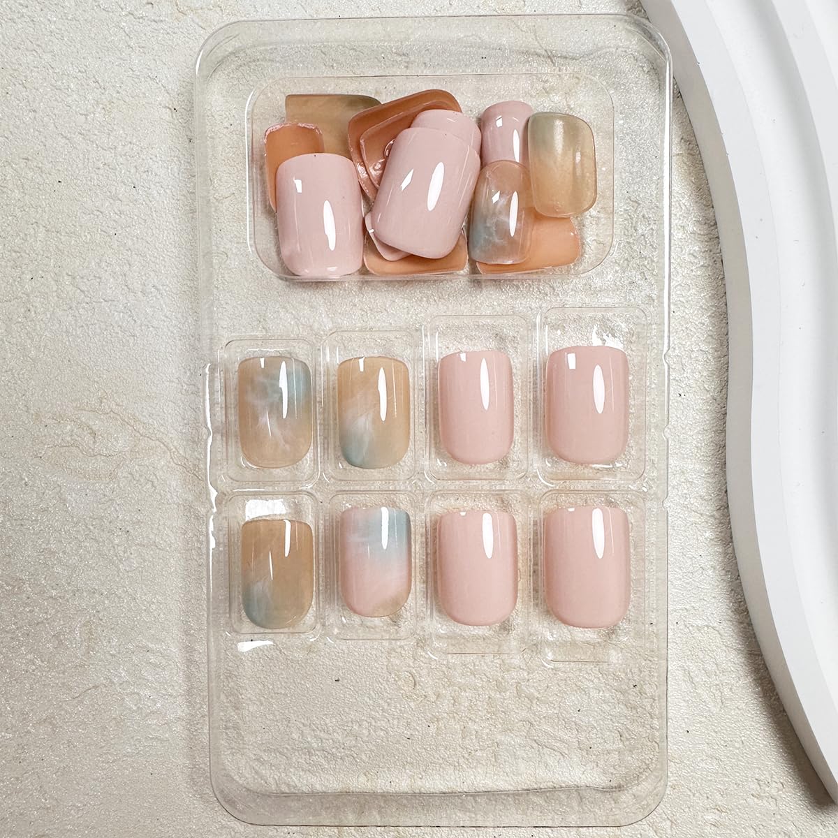 Ombre Press on Nails Short Squoval Fake Nails Marble False Nails with Design Pink Gradient Glue on Nails Full Cover Acrylic Stick on Nails Cute Oval Artificial Nails for Women Girls Manicure 24Pcs - Image 2