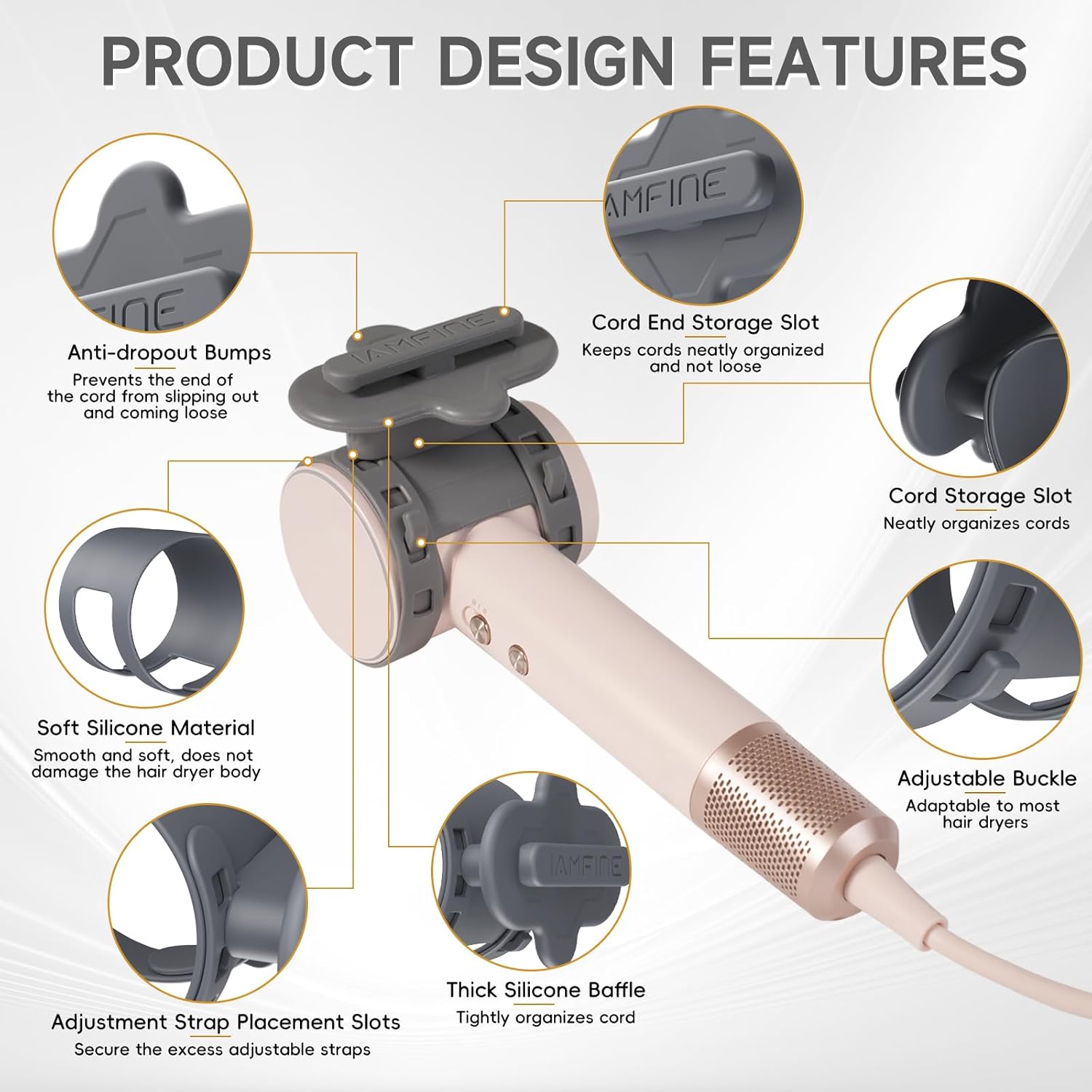 Compact Hair Dryer Cord Organizer - Batheroom Storage & Portable Travel Cord Management Soft Silicone Winder Organizer Wire Wrapper for Easy Home and On-The-Go Use (Gray) - Image 4