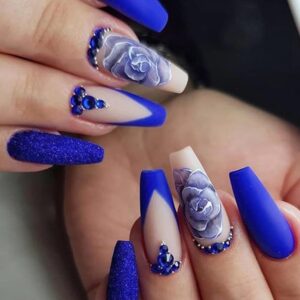 Medium Press on Nails French Tip Fake Nails with Flower Designs Acrylic Nails Coffin Blue Glue on Nails Rhinestones Stick on Nails Glitter Press on Nail for Women and Girls 24Pcs