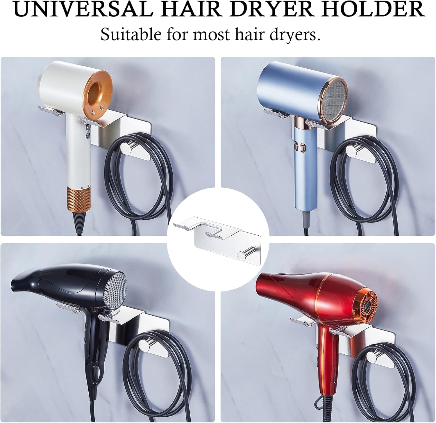 Hair Dryer Holder Wall Mounted, Stainless Steel Blow Dryer Holder, Hair Tool Organizer for Bathroom, Adhesive Hair Dryer Storage Organizer for Wall, Hanger for Hairdryer Blow Dryer - Image 5