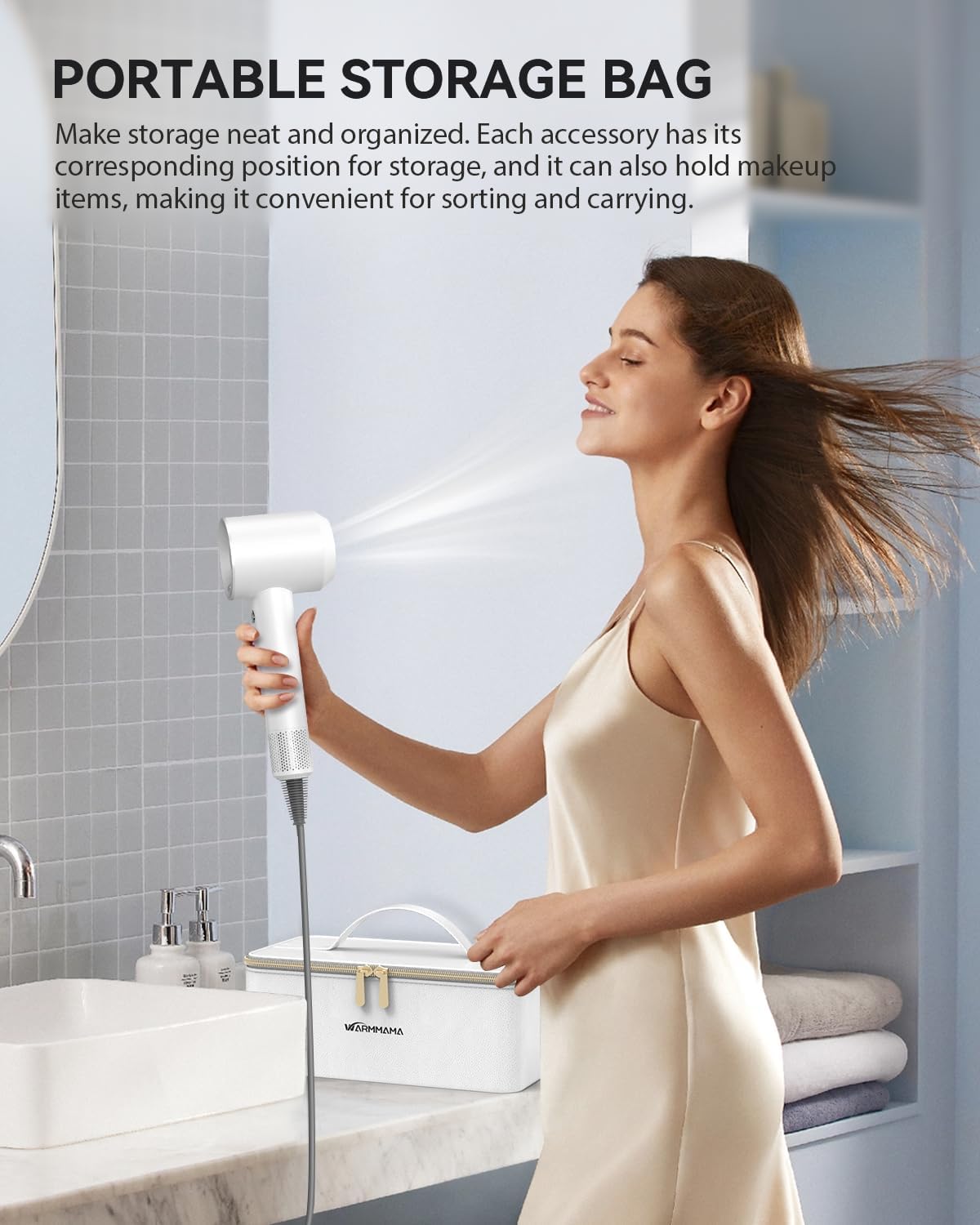 2025 New Hair Blower Dryer, warmmama High Speed Hair Dryers Ionic for Curly Hair, Quiet Thermo-Control Portable Hair Dryer with Diffuser and Nozzle for Home Travel, White - Image 9
