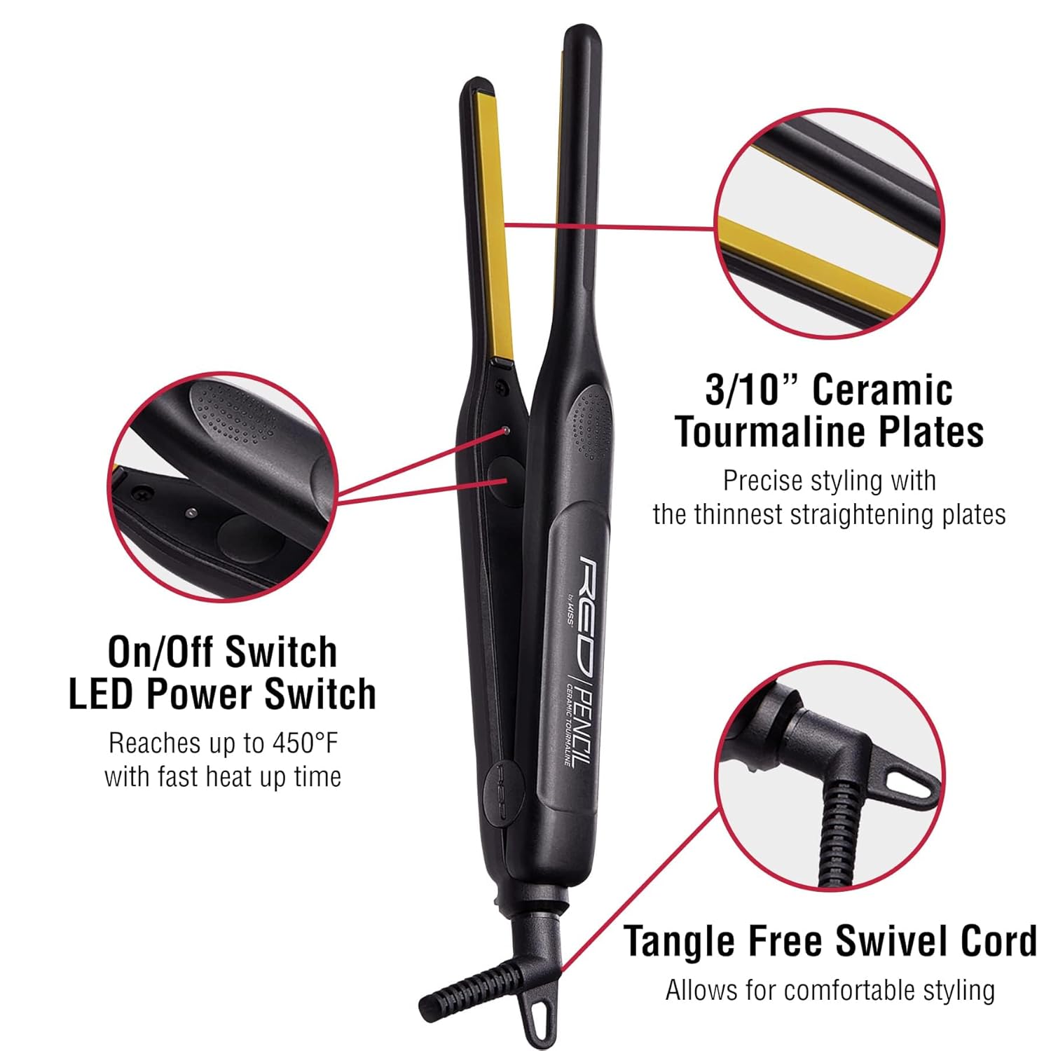 RED by KISS 0.3 Inch Pencil Flat Iron with Ceramic Tourmaline, Hair Straightener for Thin and Short Hair Edge Styling, Even Heat Distribution with Fast Heat Up 450° F Max Temperature, Black - Image 2