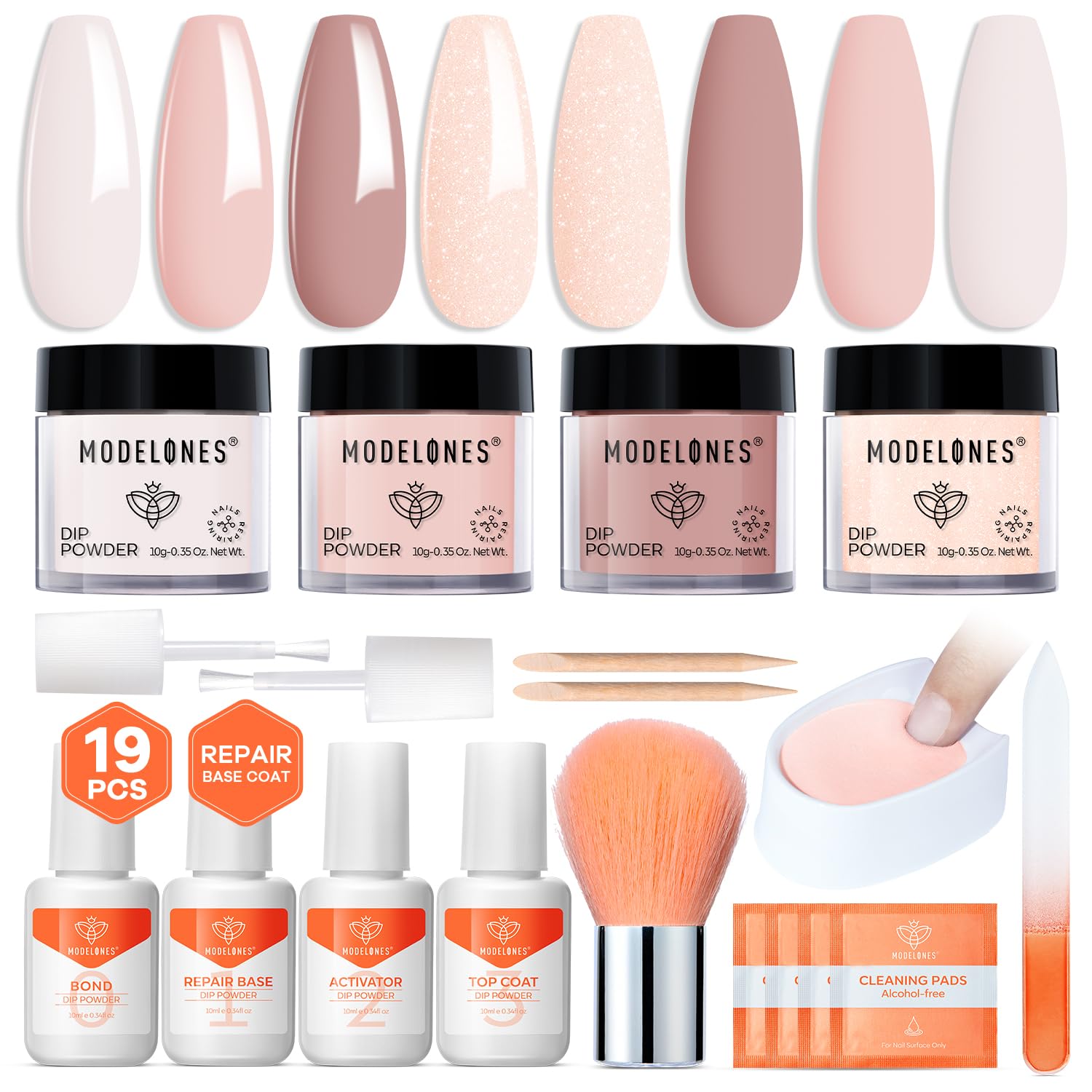 Modelones Dip Powder Nail Kit, 4 Colors Nude Pink Glitter Dipping Starter Set with Liquid and Complete Accessories for French Nails Art Salon DIY at Home Manicure
