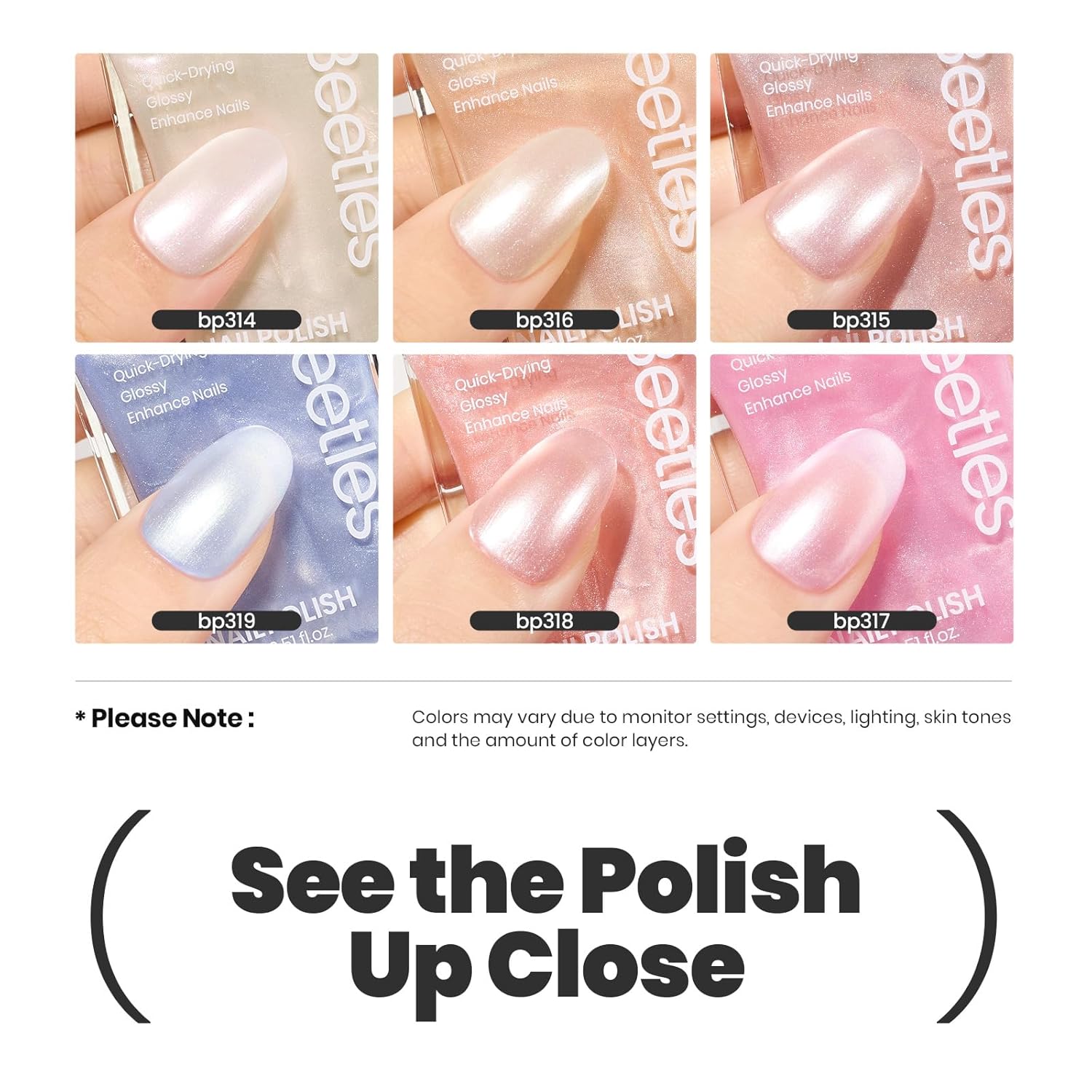Beetles Pearl Nail Polish Set 6 Colors 15 ML Quick-drying Shimmer Glitter Pearl White Pink Blue Mermaid Nail Polish Kit, Spring Pastel Iridescent DIY Manicure Gift for Women - Image 6
