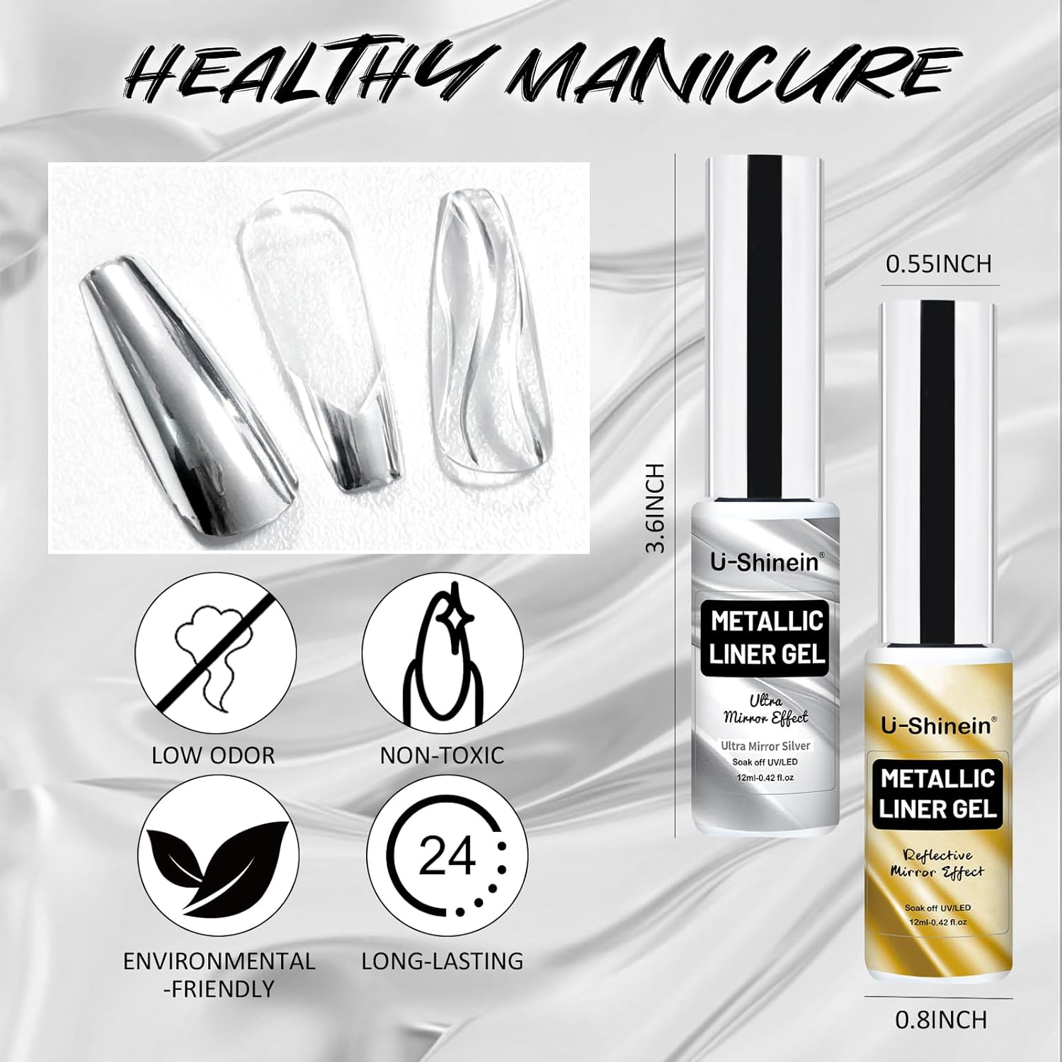 2x12ml Metallic Mirror Nail Polish, Ultra Mirror Silver & Gold Metal Painted Drawing with Thin Brush, Chrome Gel Polish Nail Art Gel Liner Soak Off DIY - Image 7