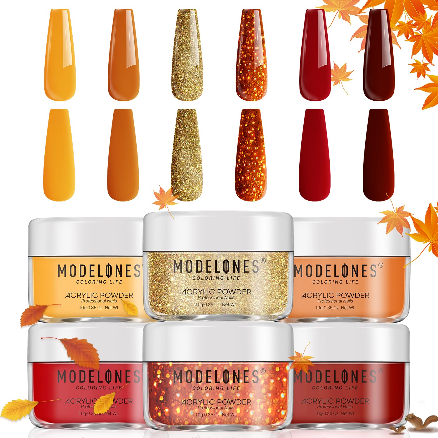 Modelones 6 Colors Acrylic Powder, Fall Autumn Acrylic Nail Powder Gold Red Yellow Orange Nail Acrylic Powder for Acrylic Nail Art 3D Nail Carving French Nail Extension, Gifts for Women
