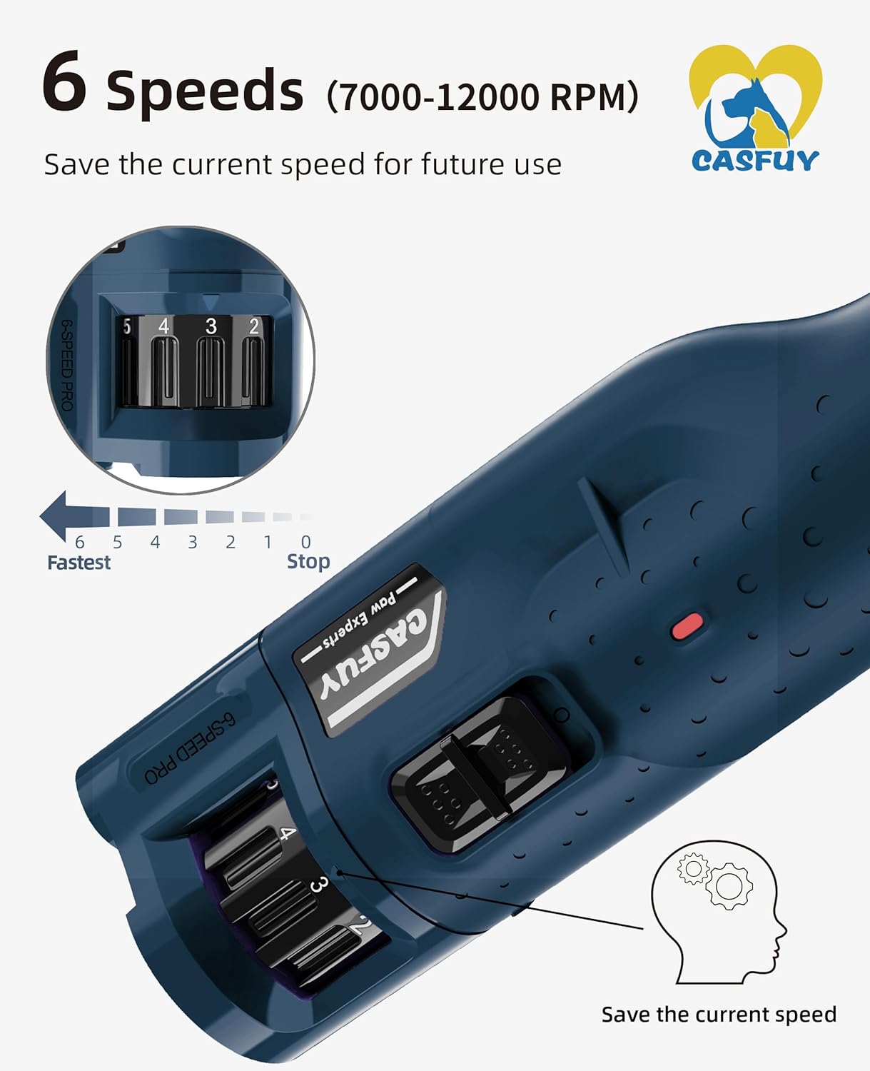 Casfuy Rechargeable 6-Speed Dog Nail Grinder with LED Lights for All Sizes - Image 2