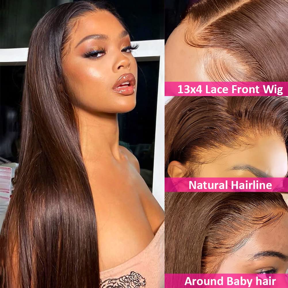 Hermosa 13x4 Chocolate Brown Lace Front Wigs Human Hair with Baby Hair 180 Density Straight Lace Frontal Human Hair Wigs Pre Plucked Hairline 4# Brown Wig 26 Inch - Image 3