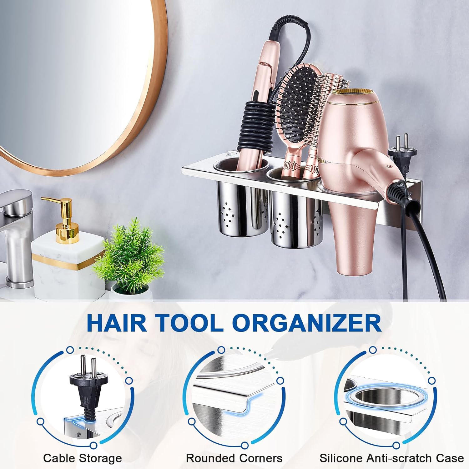 Hair Tool Organizer Wall Mount, Hair Dryer Holder with 2 Cups, Stainless Steel Blow Dryer Holder Curling Iron Holder Wall Mount, Bathroom Vanity Hair Styling Tools Organizer for Brush, Flat Iron - Image 2