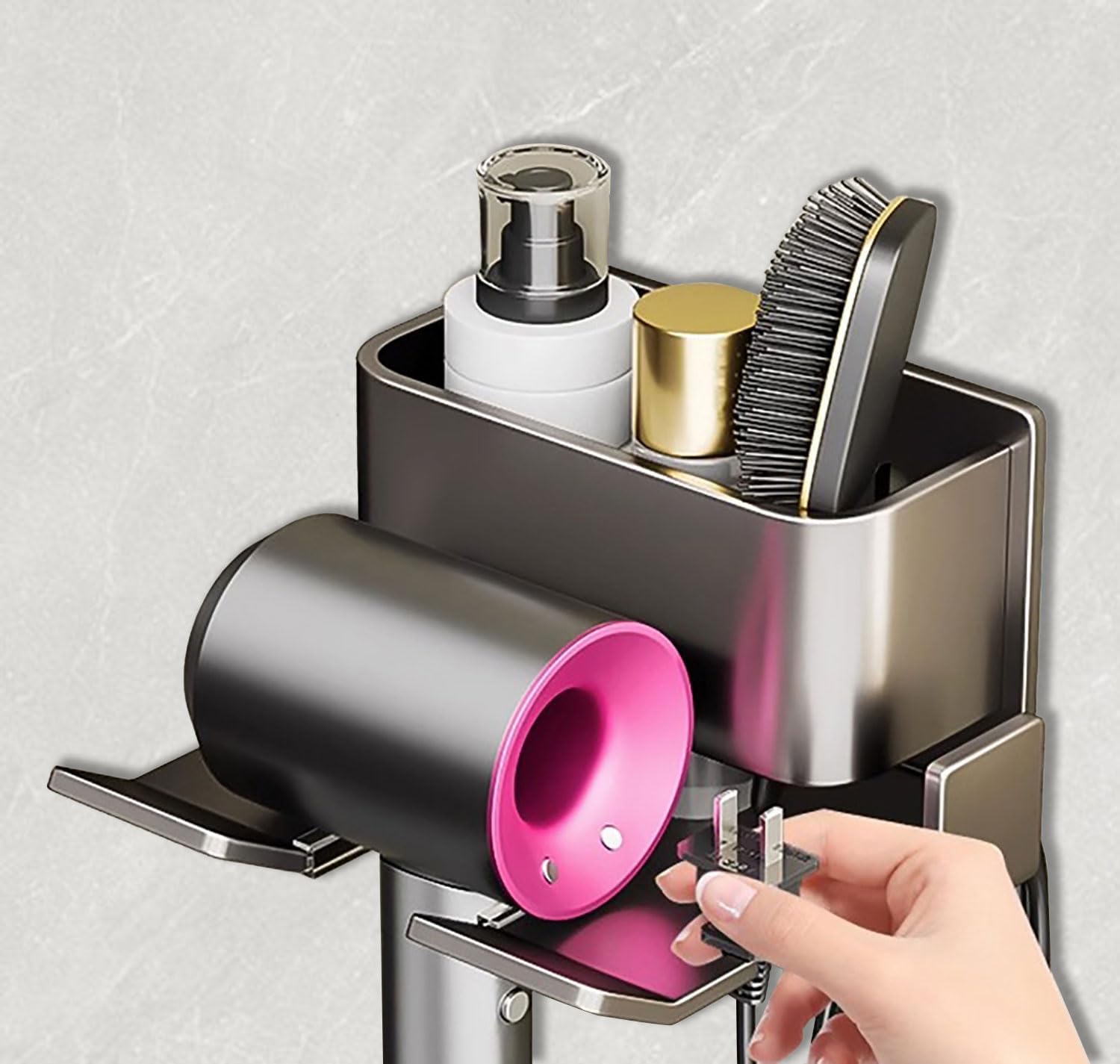 Hair Dryer Holder Wall Mounted, Blow Dryer Holder for Bathroom, Self Adhesive Hair Tool Organizer Compatible, Stainless Steel Blow Dryer Holder with Most Types of Hair dryers(Gray) - Image 2