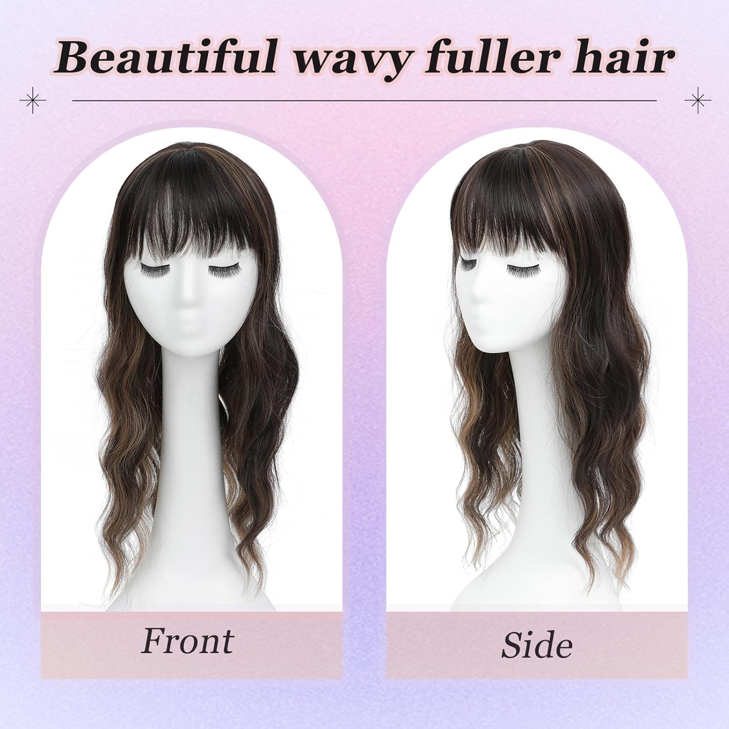 Hair Toppers for Women, 20 Inch Long Curly Wavy Hair Topper 360° 3D French Clip in Bangs (Dark Brown Mixed Chestnut, French Bangs) - Image 3