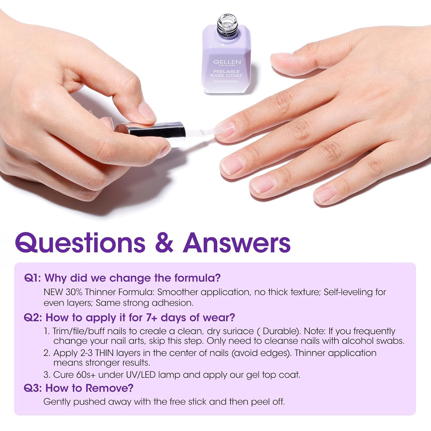 GELLEN Peel Off Base Coat, 18ml Peelable Gel Base Coat for Gel Nail Polish, UV LED Lamp Needed Clear Nail Polish without Soaking for Take off Nail Practice Beginners - Image 3
