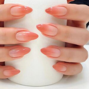 Press on Nails Almond, Ombre Nude Coral Pink Fake Nails Medium Press Ons, Glossy Full Cover Glue On Nails for Women Daily Wear, Natural Fit Acrylic Stick on Nail Kit - 24 Pieces in 12 Sizes
