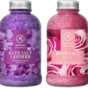Bath Sea Salt Set 2х21.16Oz - Bath Salt Lavander & Rose - Lavender Essential Oil - Natural Rosewood Oil & Rose Extract - Aromatherapy - Relaxing - Body Care - Beauty - De-Stress Bath Salts