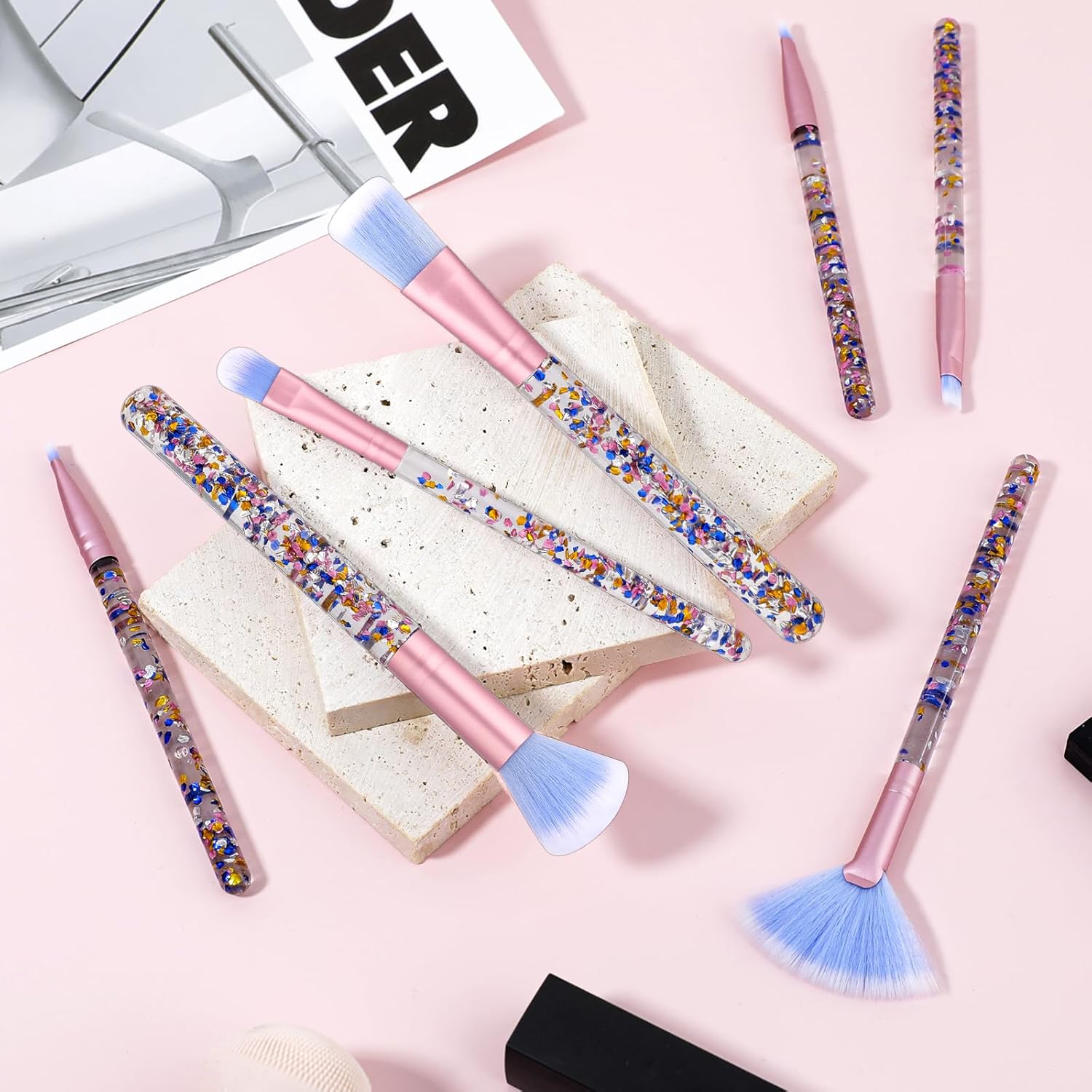 7 PCS Makeup Brushes Set,Crystal Sparkles Make Up Brush Professional Blending Brush with Sequins Handle Cute Blush Foundation Highlight Concealers Eyebrow Eye Shadow Lip Fan Beauty Brush Kit for Girls - Image 2