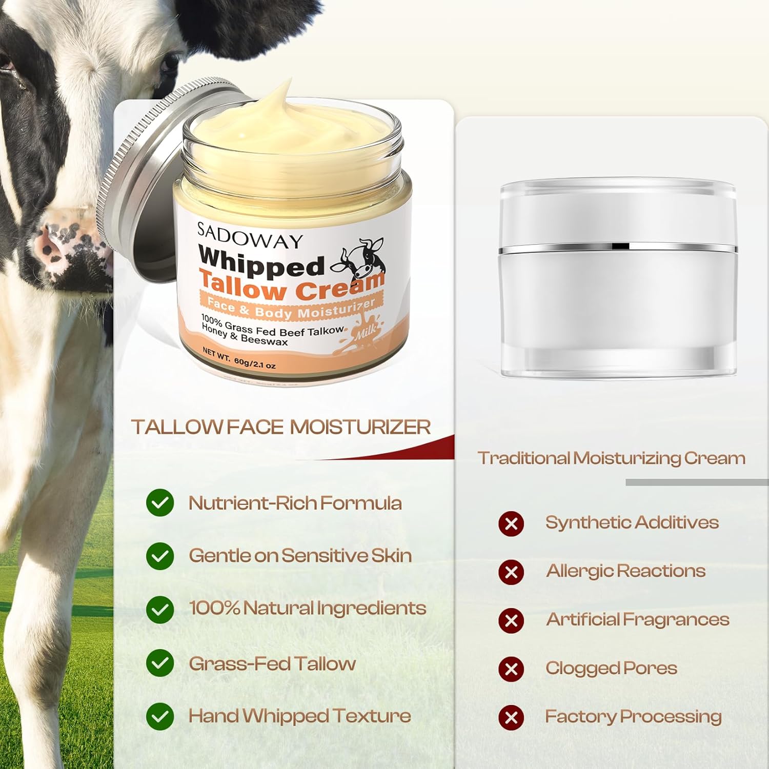 SADOWAY Beef Tallow for Skin: Handmade Beef Tallow for Face - Organic Grass-Fed Whipped Beef Tallow and Honey Balm Tallow Face Moisturizer Smooth Soft for Dry Skin - Image 6